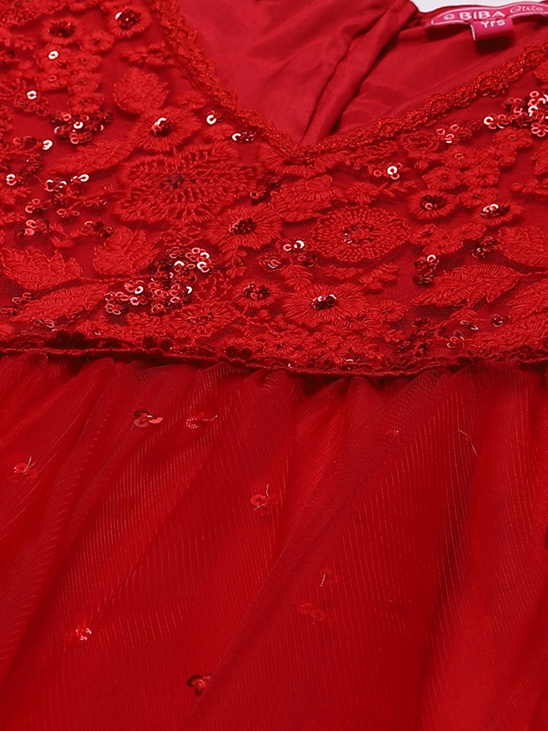 Red Nylon Layered Embroidered Dress image number 1