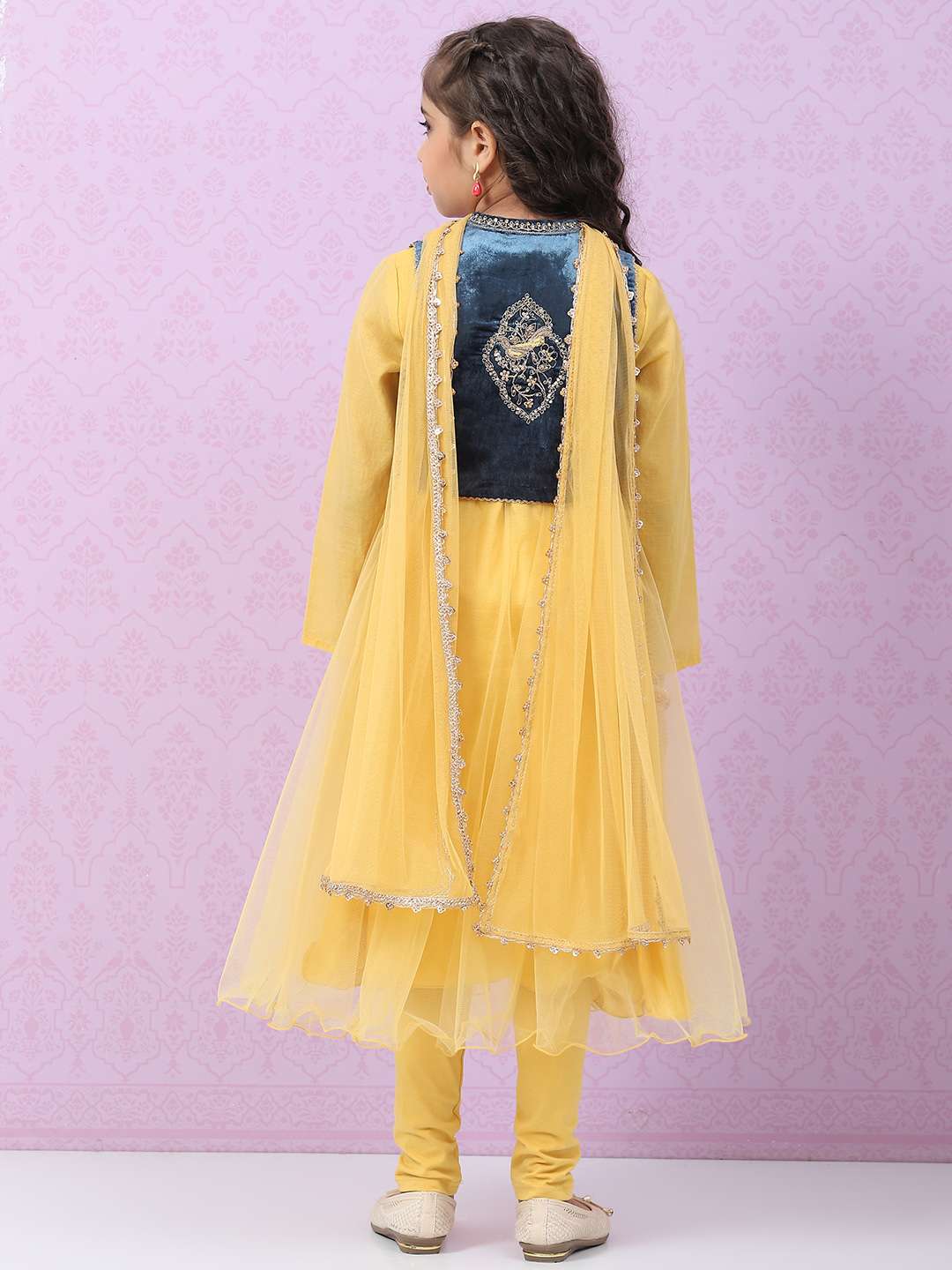 Mustard Yellow Art Silk Anarkali with Jacket Kurta Churidar Suit Set image number 5