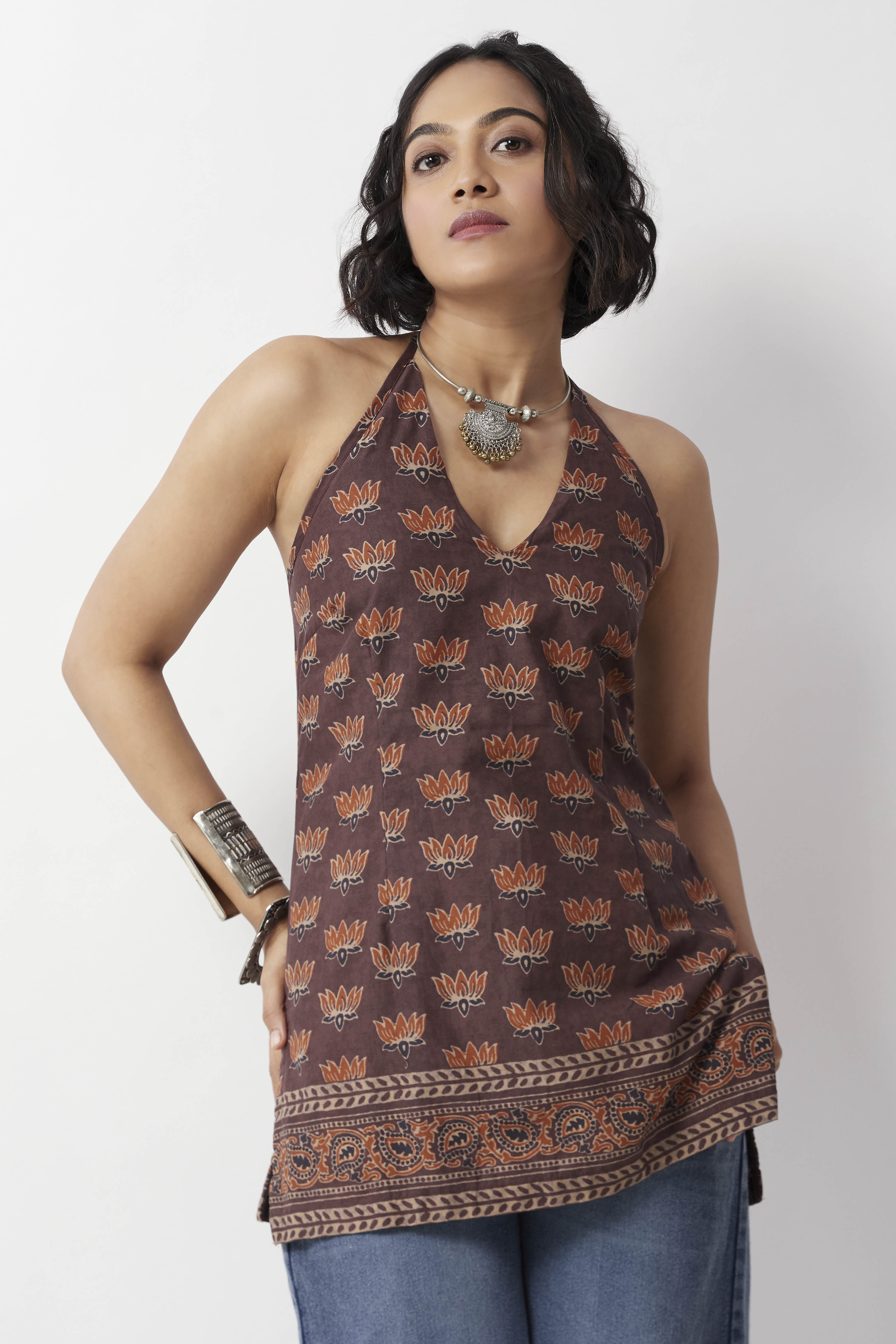Brown Cotton Floral Printed Halter Kurti image number 6
