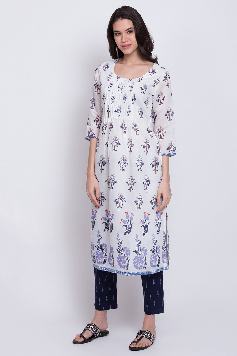 White Poly Cotton A-Line Kurta Slim Pant Suit Set image number 2