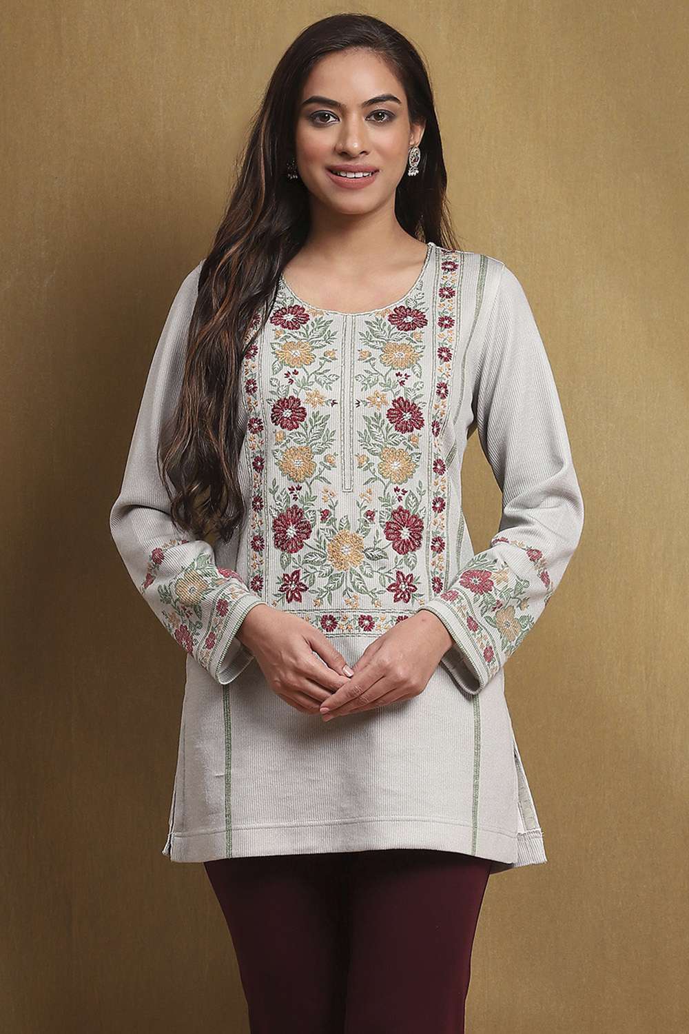 Grey Printed Winter wear Straight Short Kurta image number 0