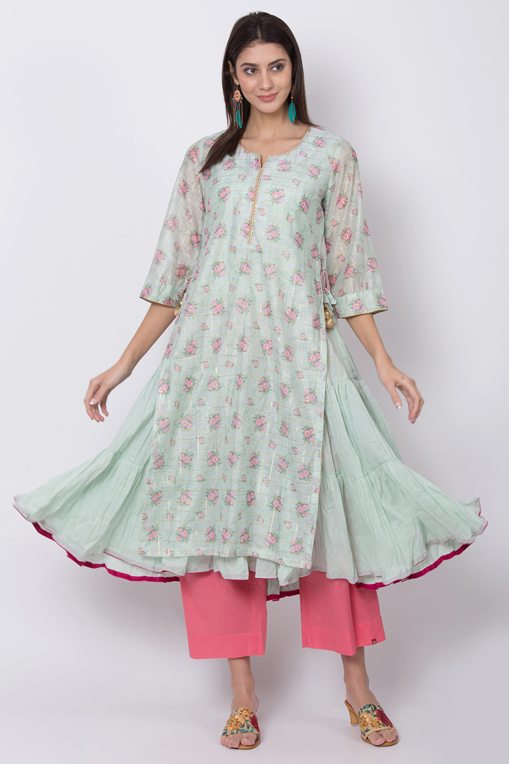 Mint Green Poly Metallic Cotton Flared Printed Kurta image number 0