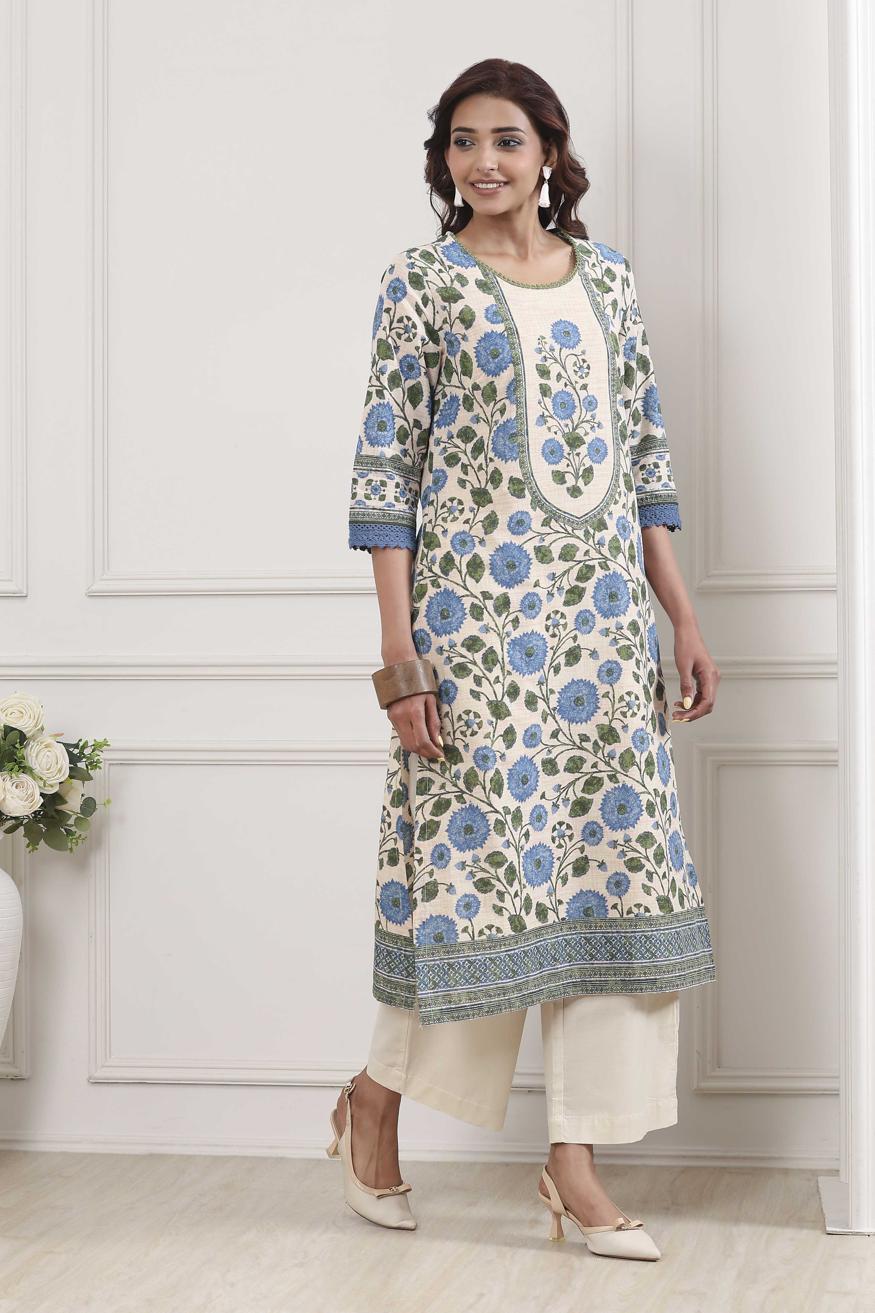 Blue Cotton Straight Kurta image number 4