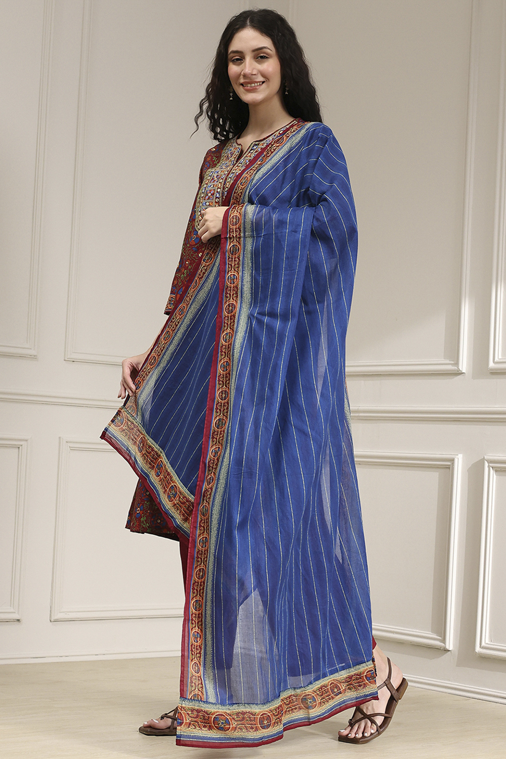 Rust and Blue Cotton Printed A-Line Suit Set image number 3