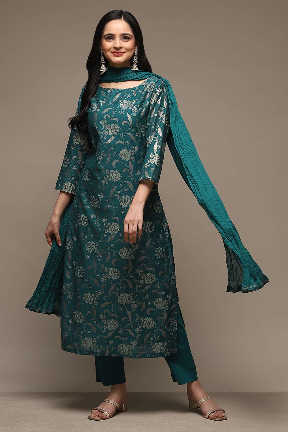 Peacock Green Cotton Blend Straight Kurta Pant Suit Set