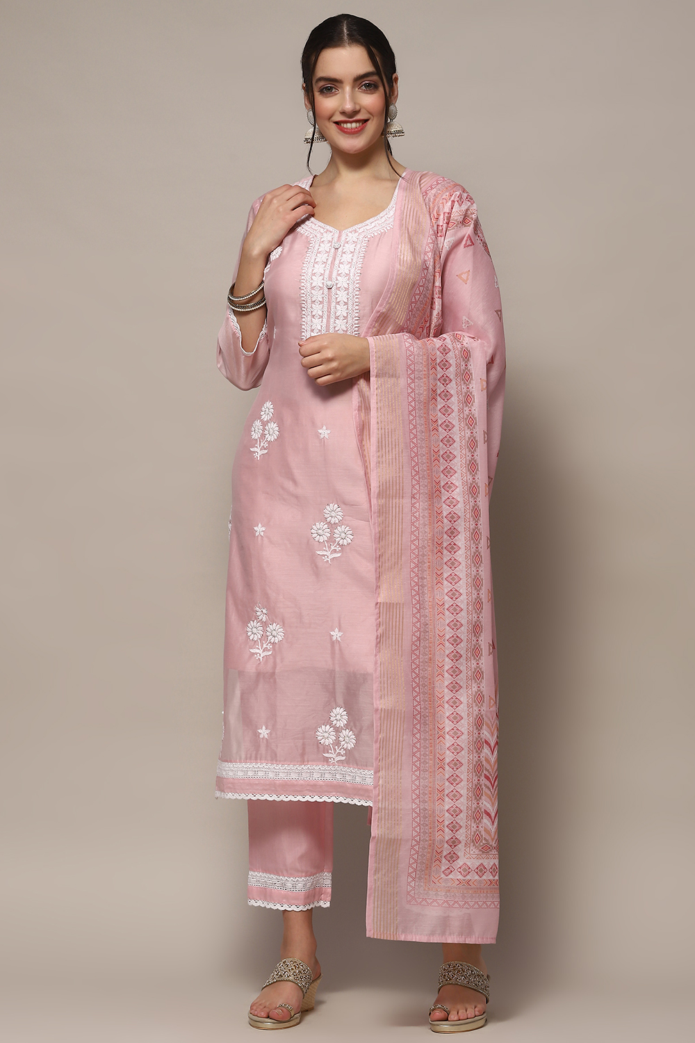 Pastel Pink Chanderi Blend Unstitched Suit set image number 8