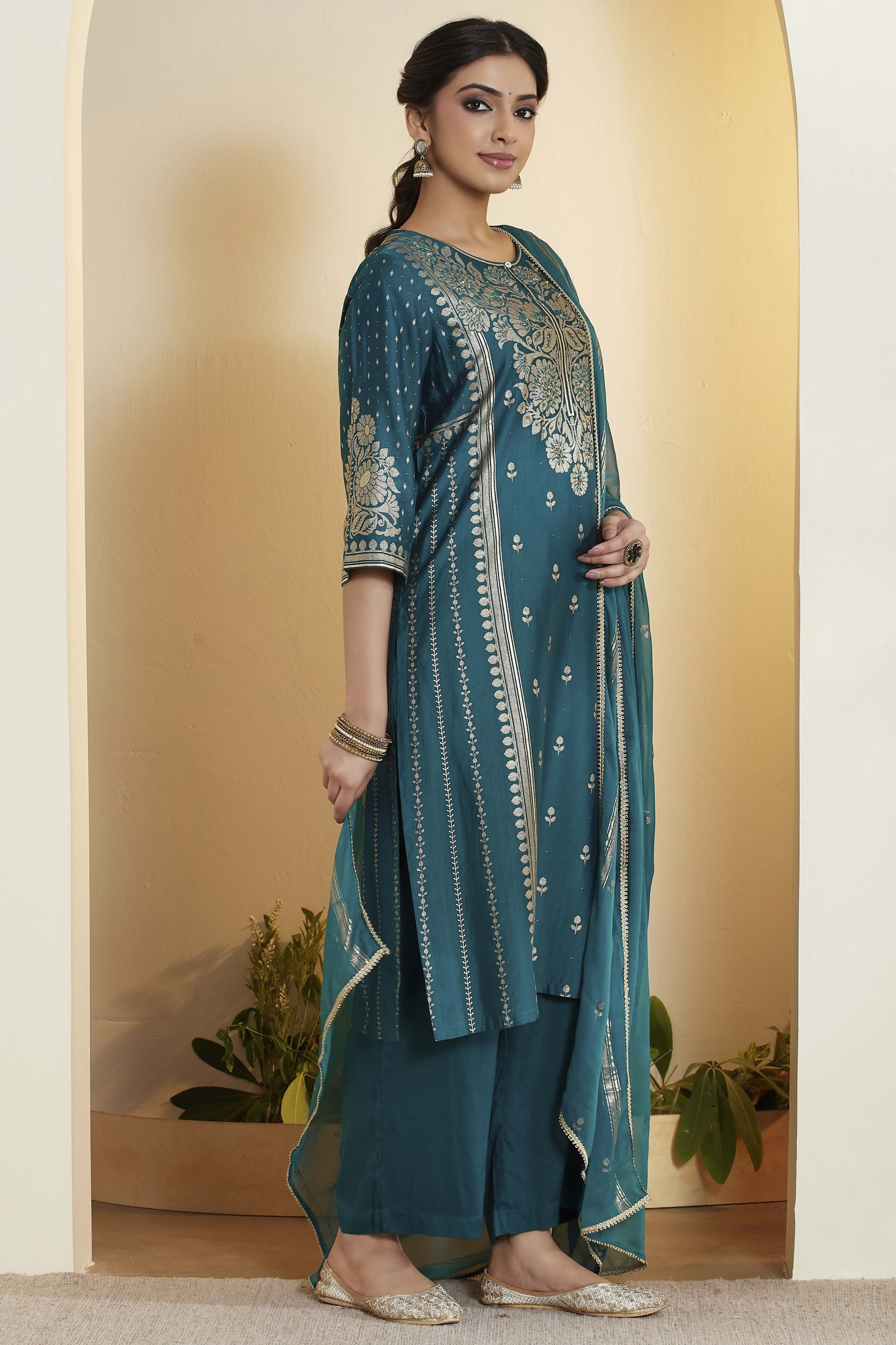 Teal Viscose Blend Embroidered Straight Kurta Set image number 5