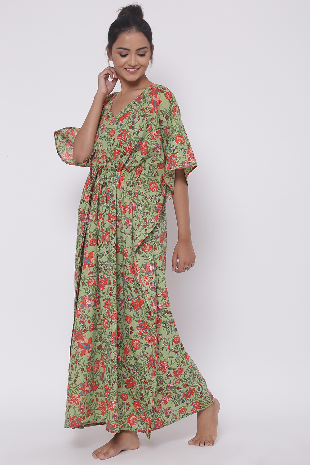 Green Cotton Printed Loungewear Kaftan image number 3