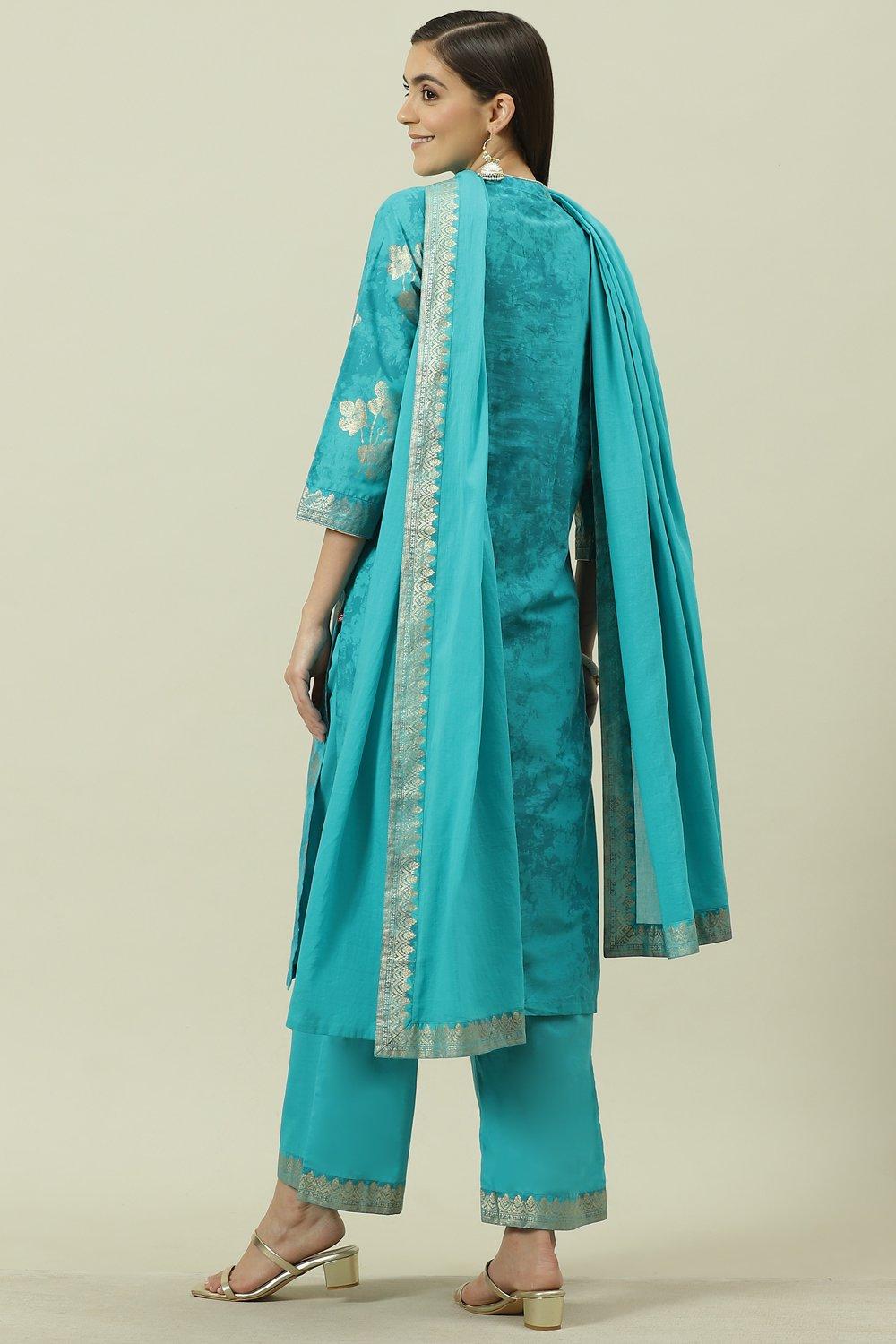 Turquoise Printed Cotton Straight Suit Set image number 4