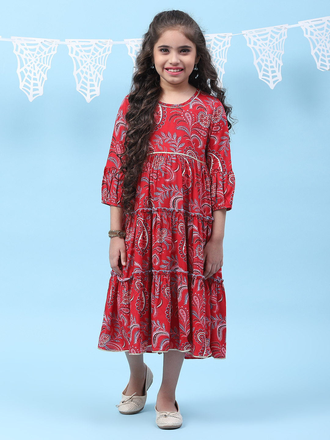 Red Rayon Tiered Printed Kurta Dress image number 5