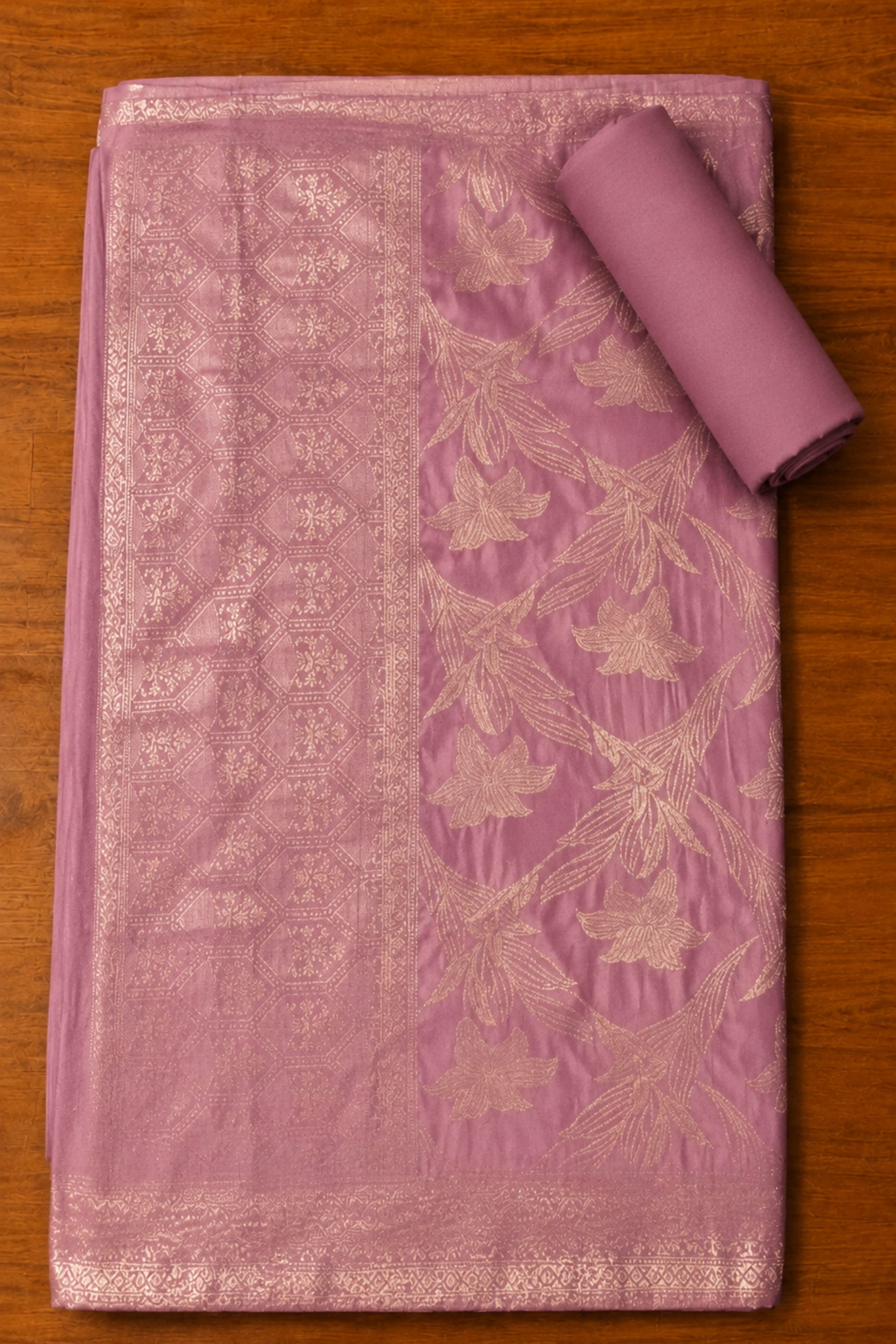Purple Banarasi Booti Print Unstitched Suit Set image number 3