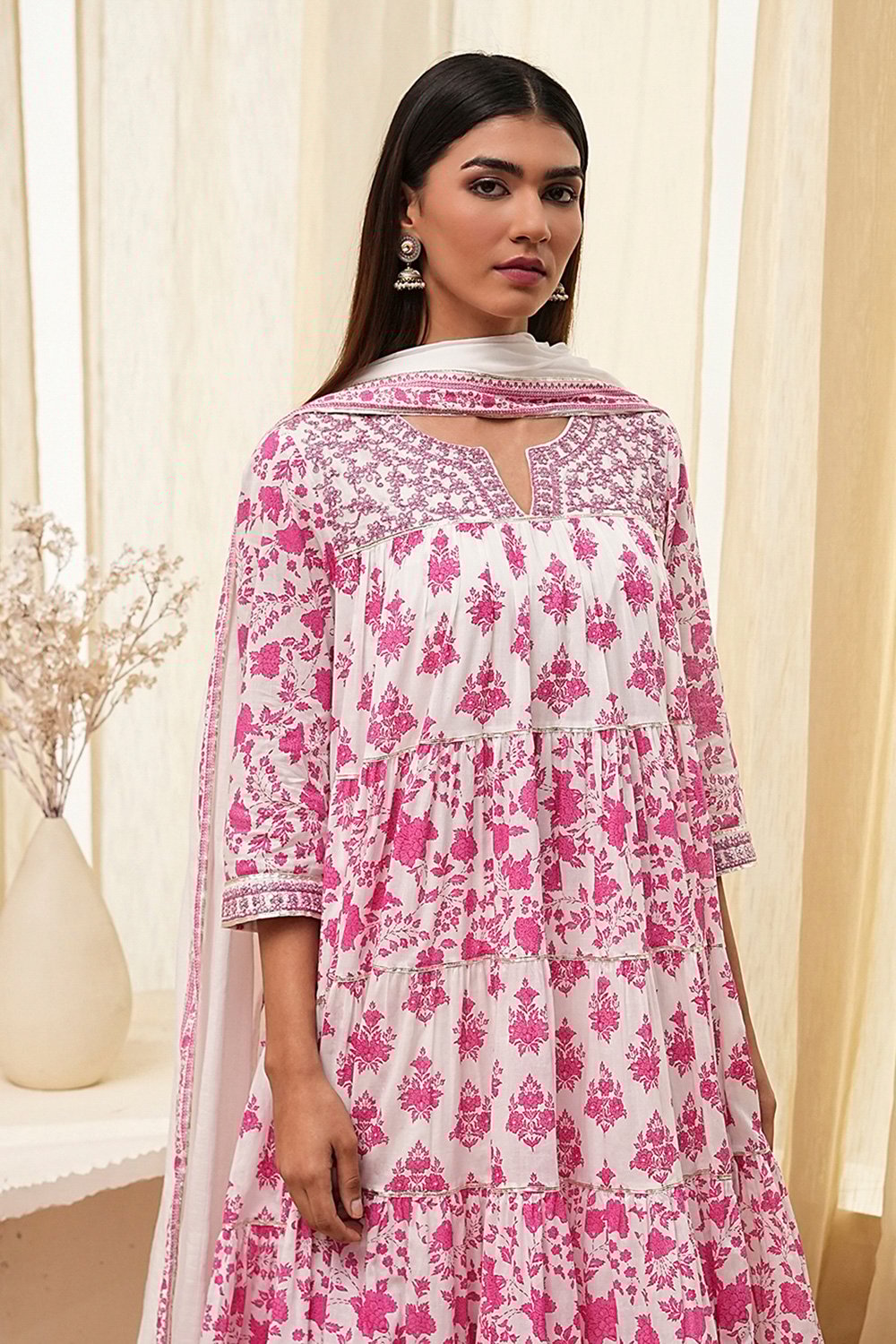 Off-White and Pink Cotton Floral Tiered Suit Set image number 1