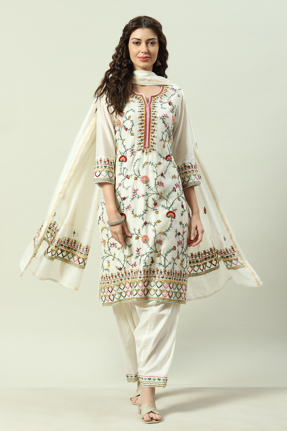 Ivory Cotton Blend Straight Kurta Salwar Suit Set image number 0