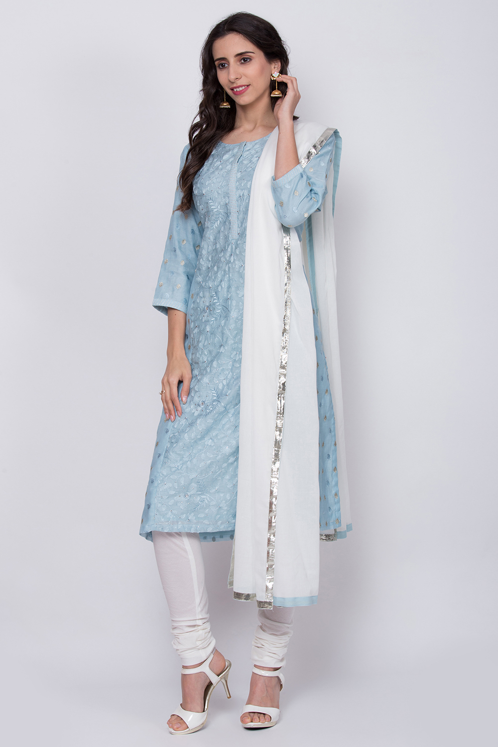 Blue Cotton Silk Straight Kurta Churidar Suit Set image number 2