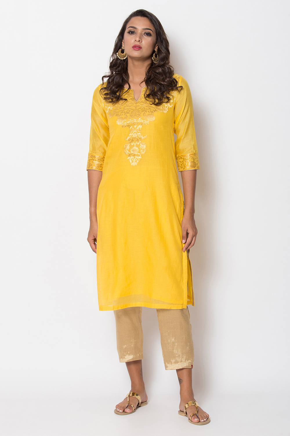 Yellow Poly Metallic Cotton Straight Yarndyed Kurta image number 2