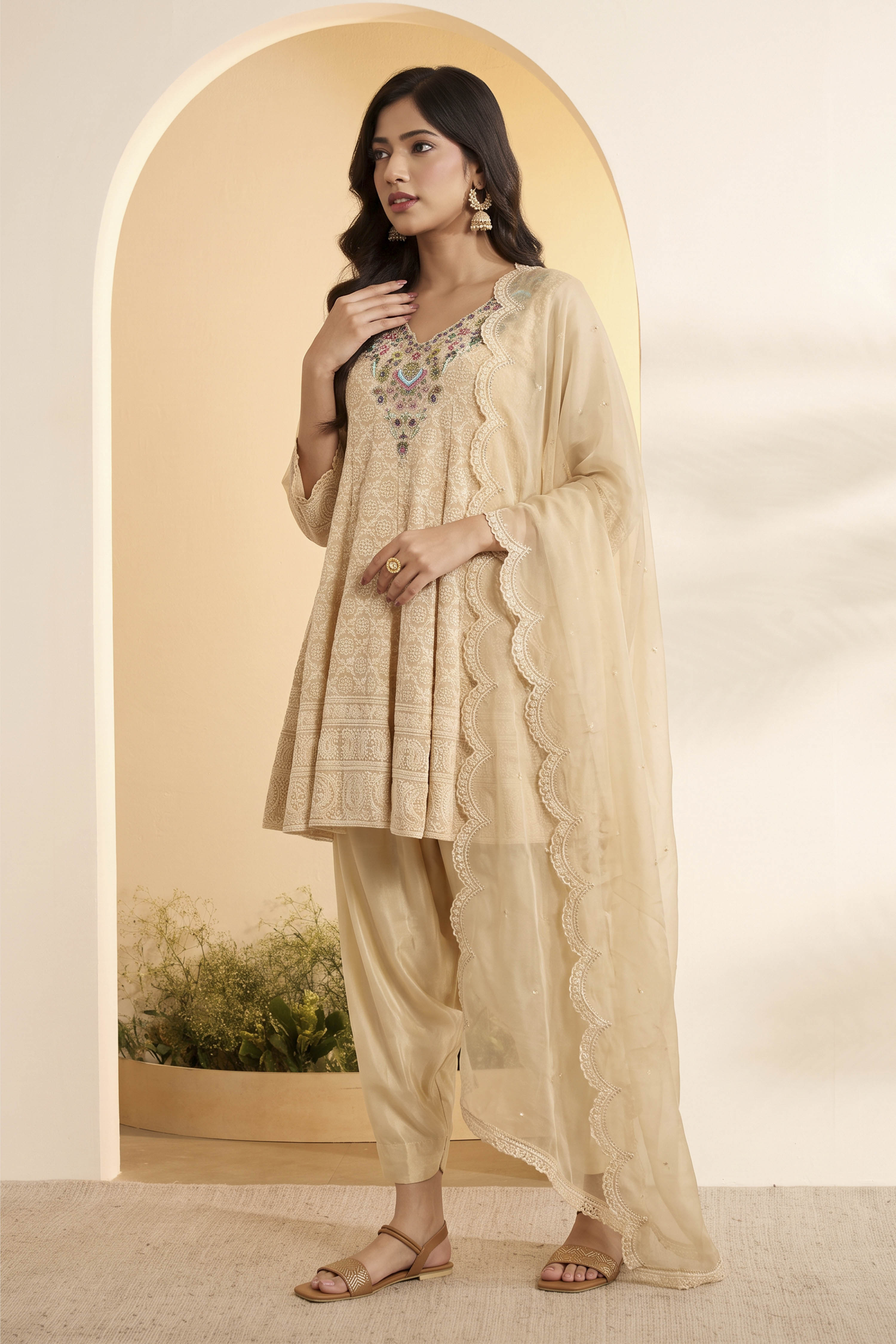 Beige Polyester Kalidar Suit Set image number 2
