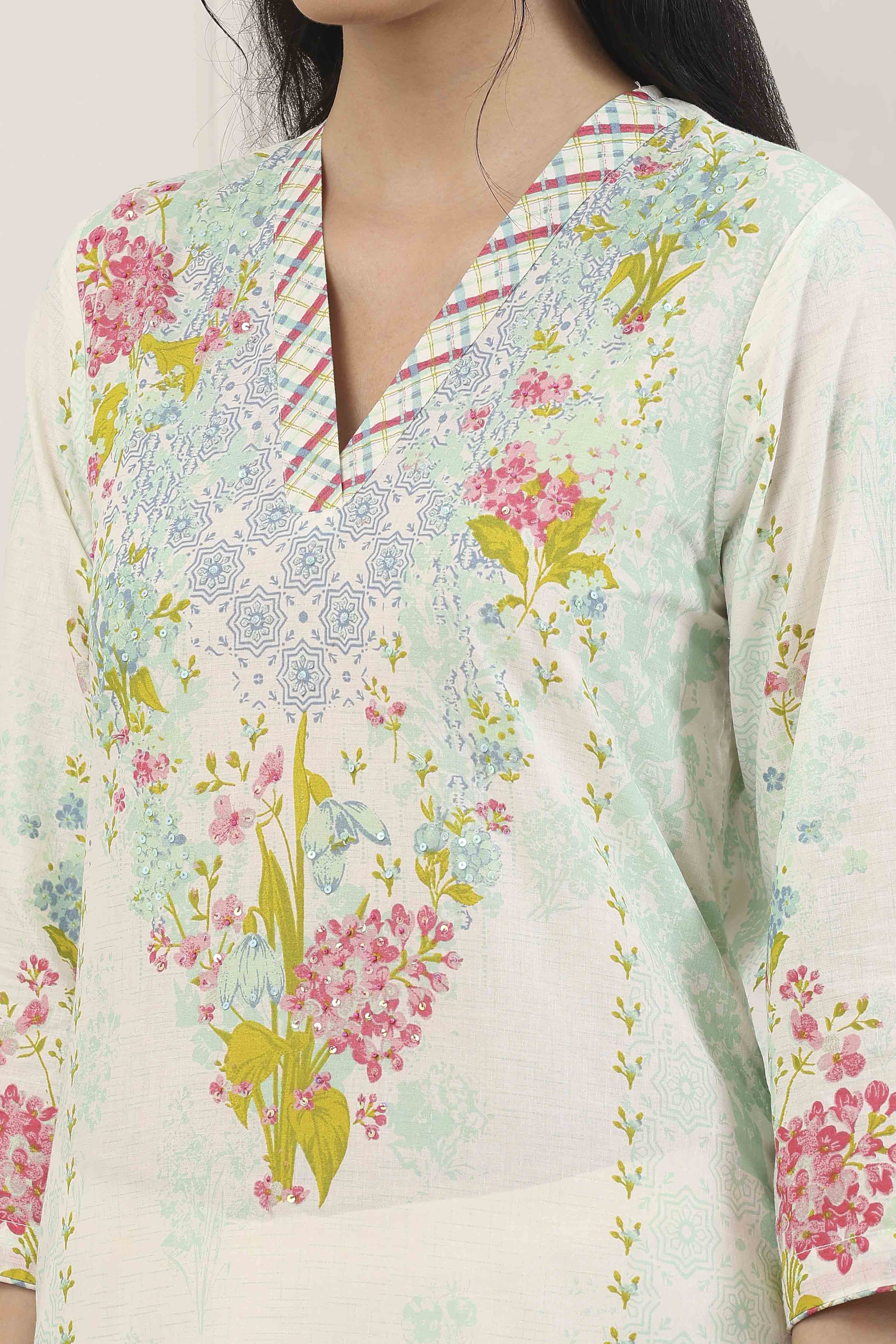 White Cotton Floral Printed Straight Suit Set image number 1
