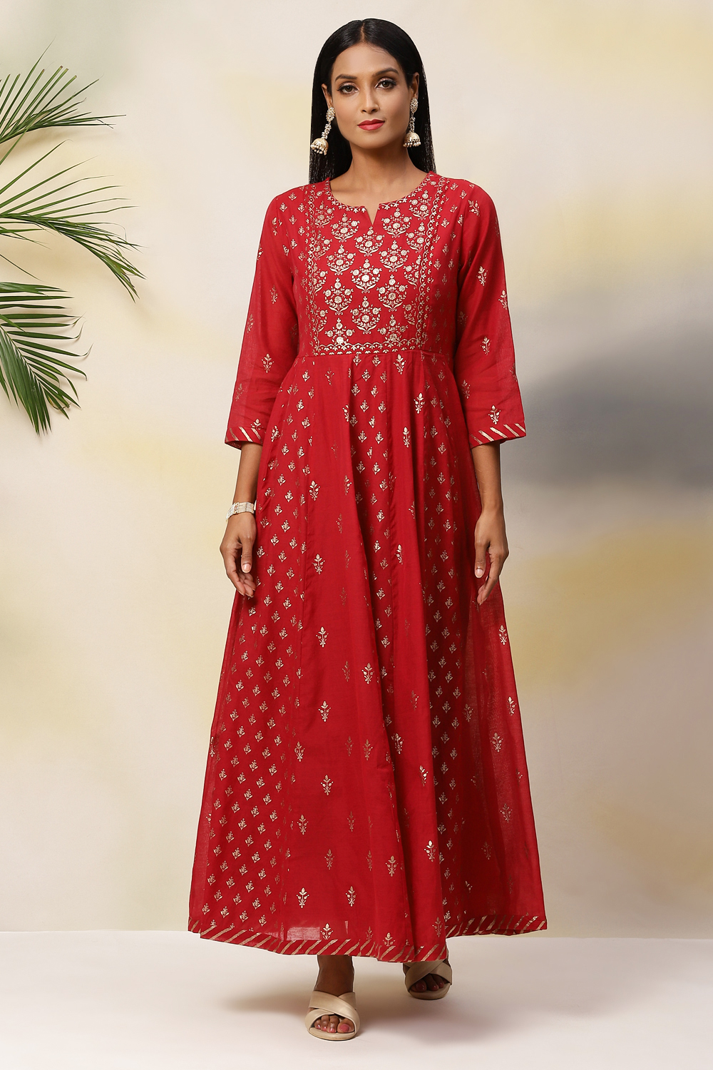 Deep Red Flared Poly Cotton Fusion Wear Dress image number 2