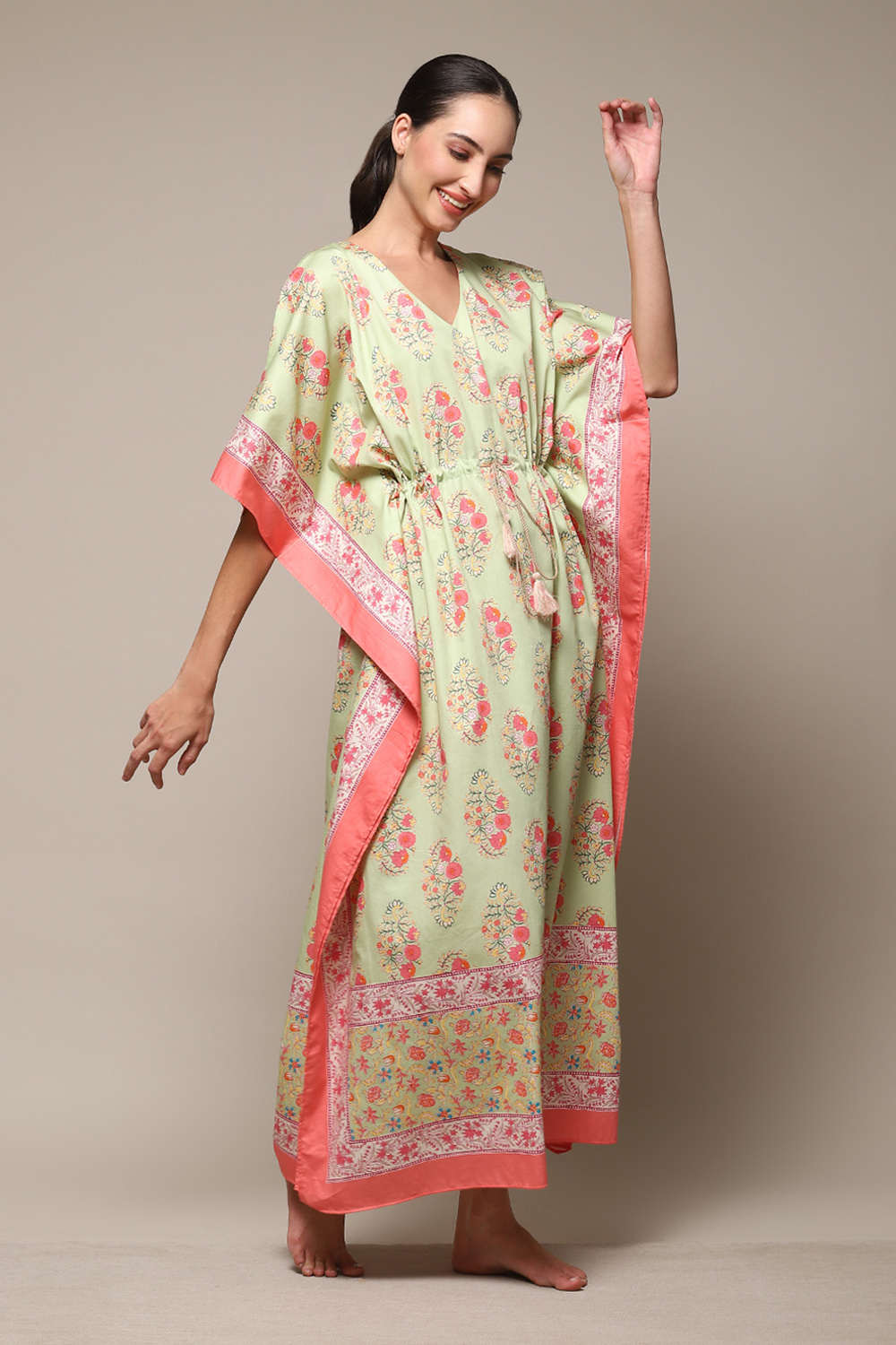 Sea Green Cotton Printed Kaftan image number 3