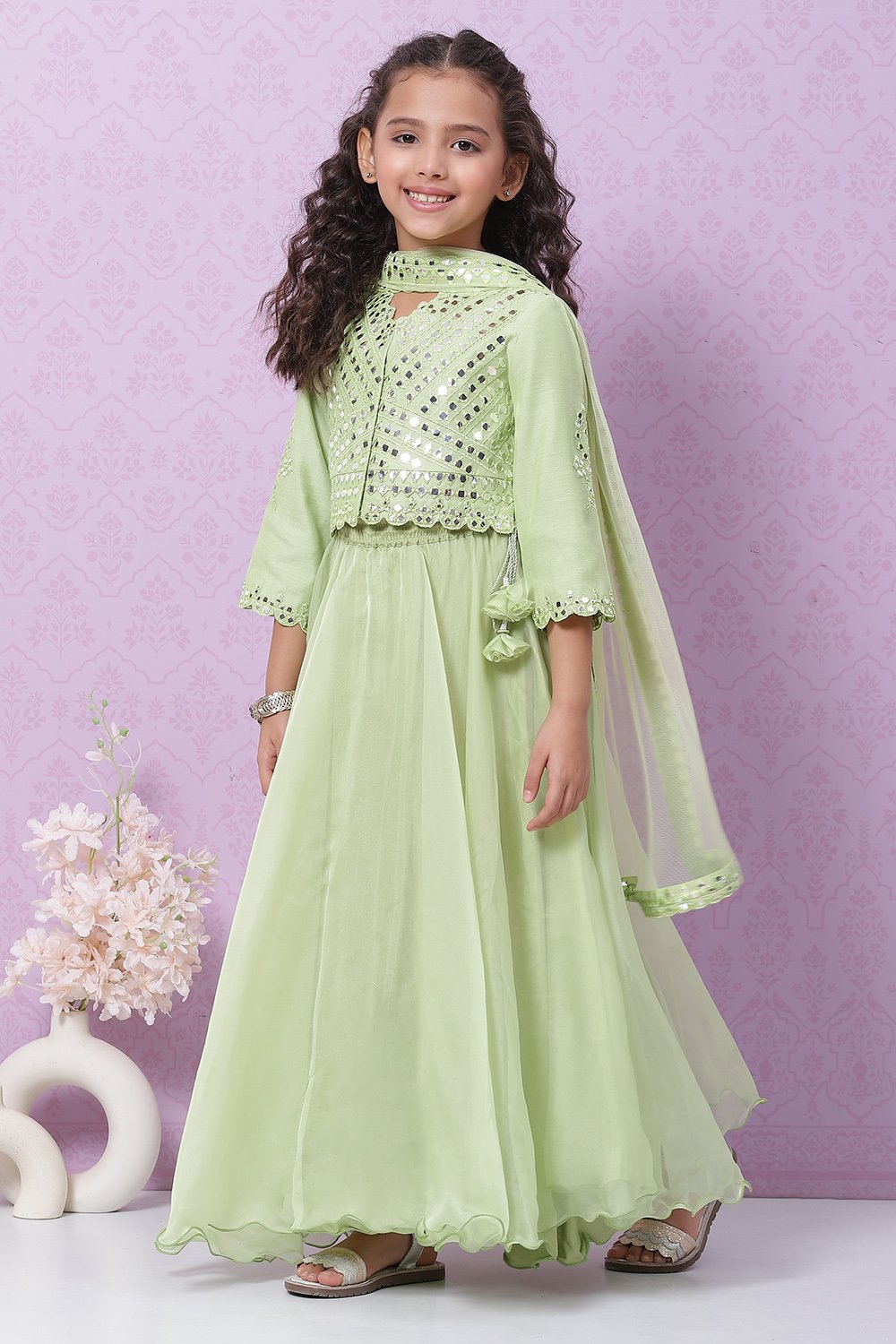 Lime Green Art Silk Lehenga Set image number 3