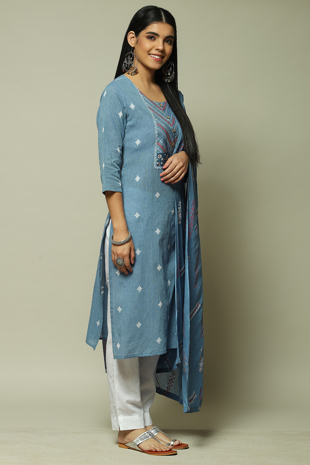 Indigo Cotton Machine Embroidered Unstitched Suit Set image number 5