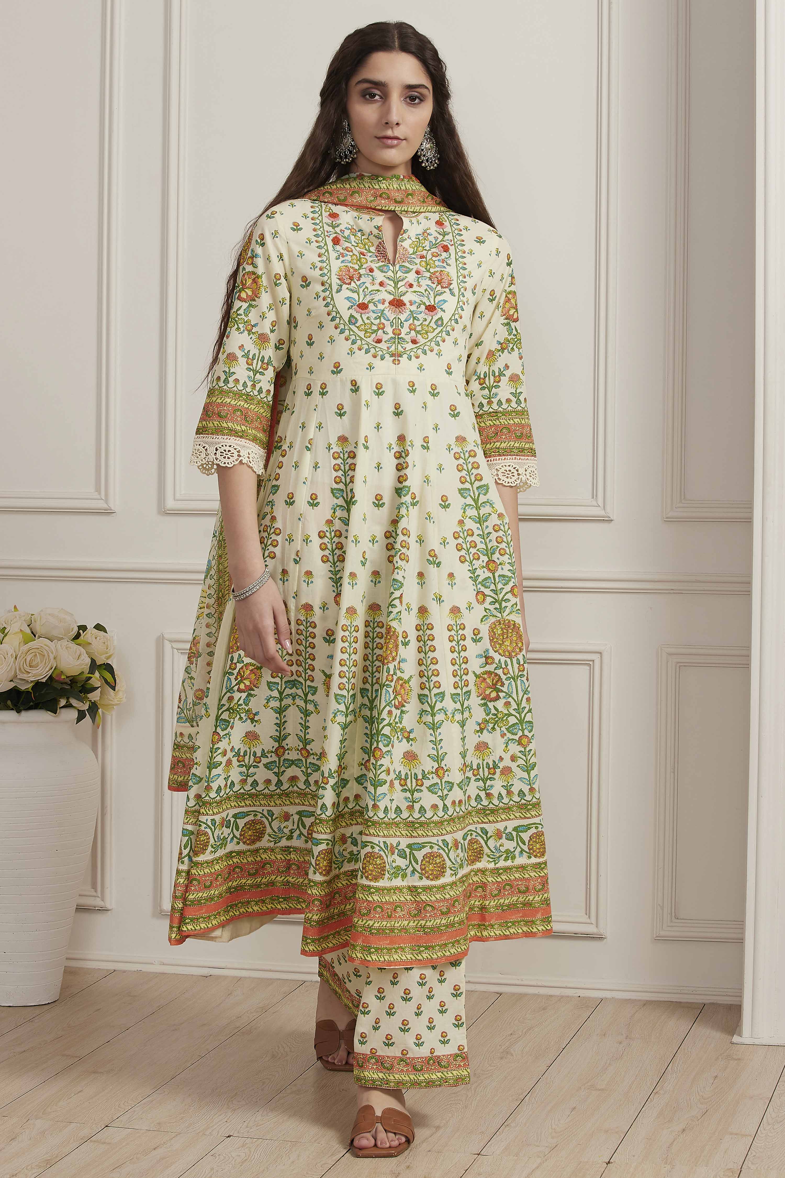 Neutral Cotton Kalidar Suit Set image number 6