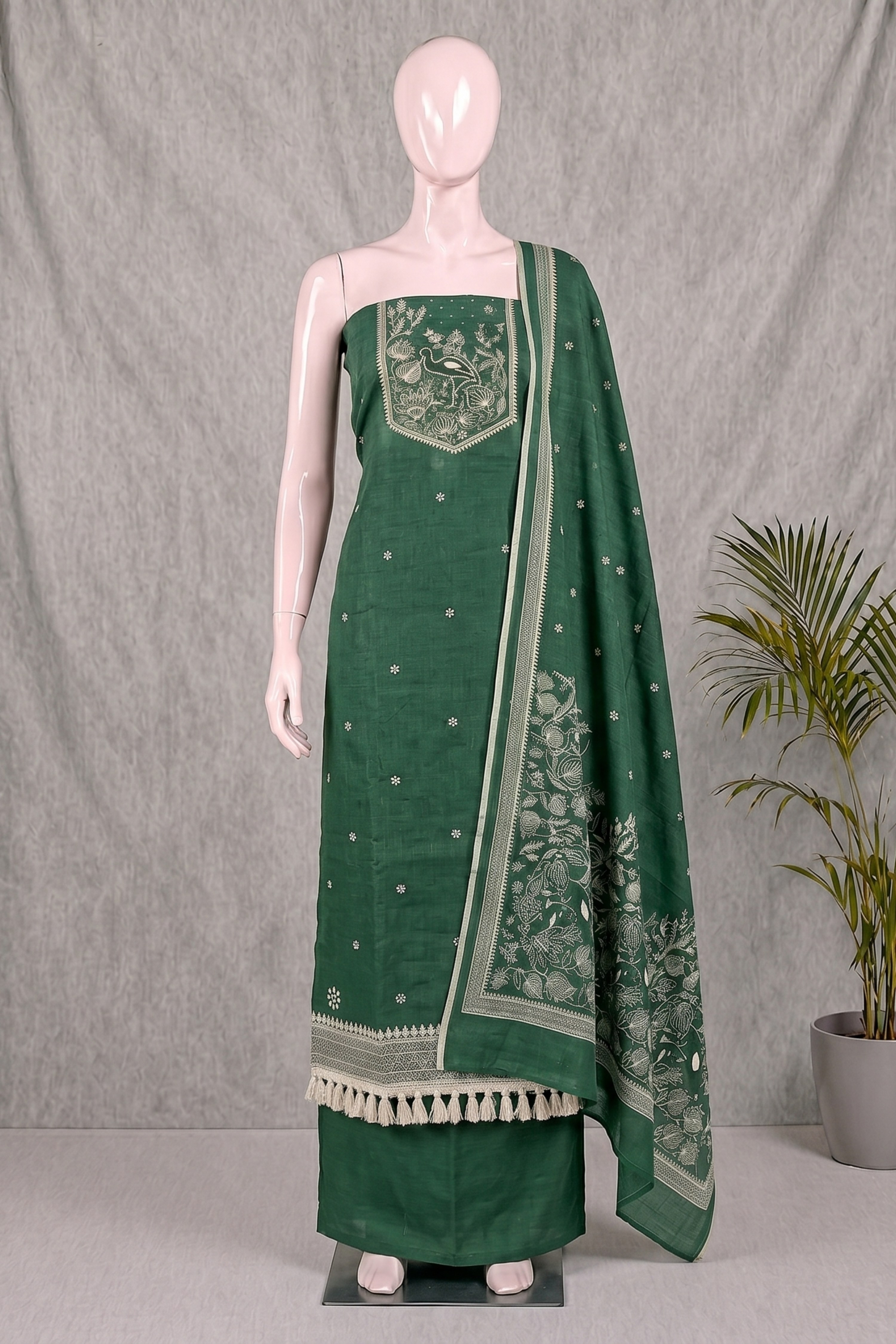 Blue Linen Jamdani Unstitched Suit Set image number 4