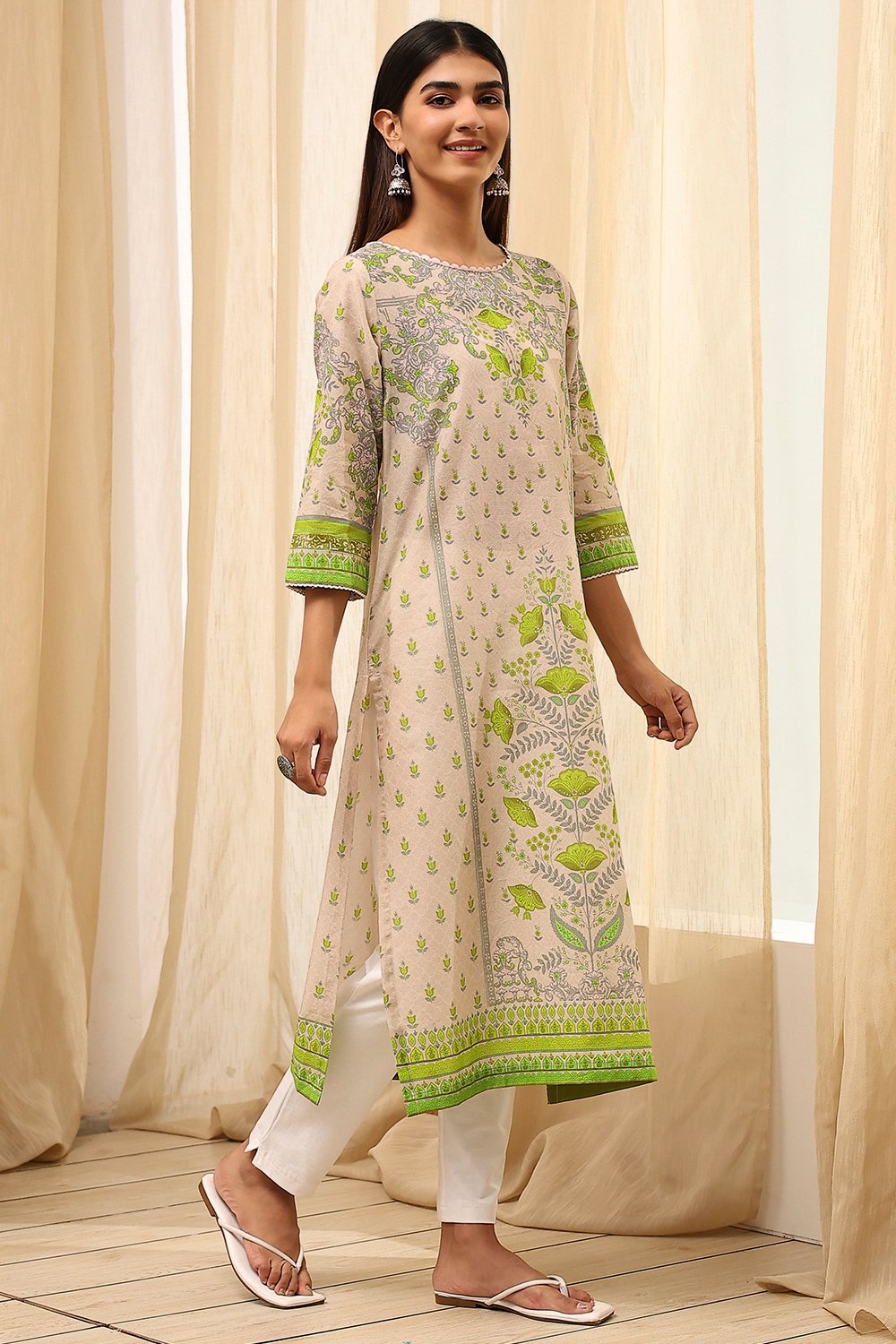 Green Cotton Printed Straight Kurta image number 3