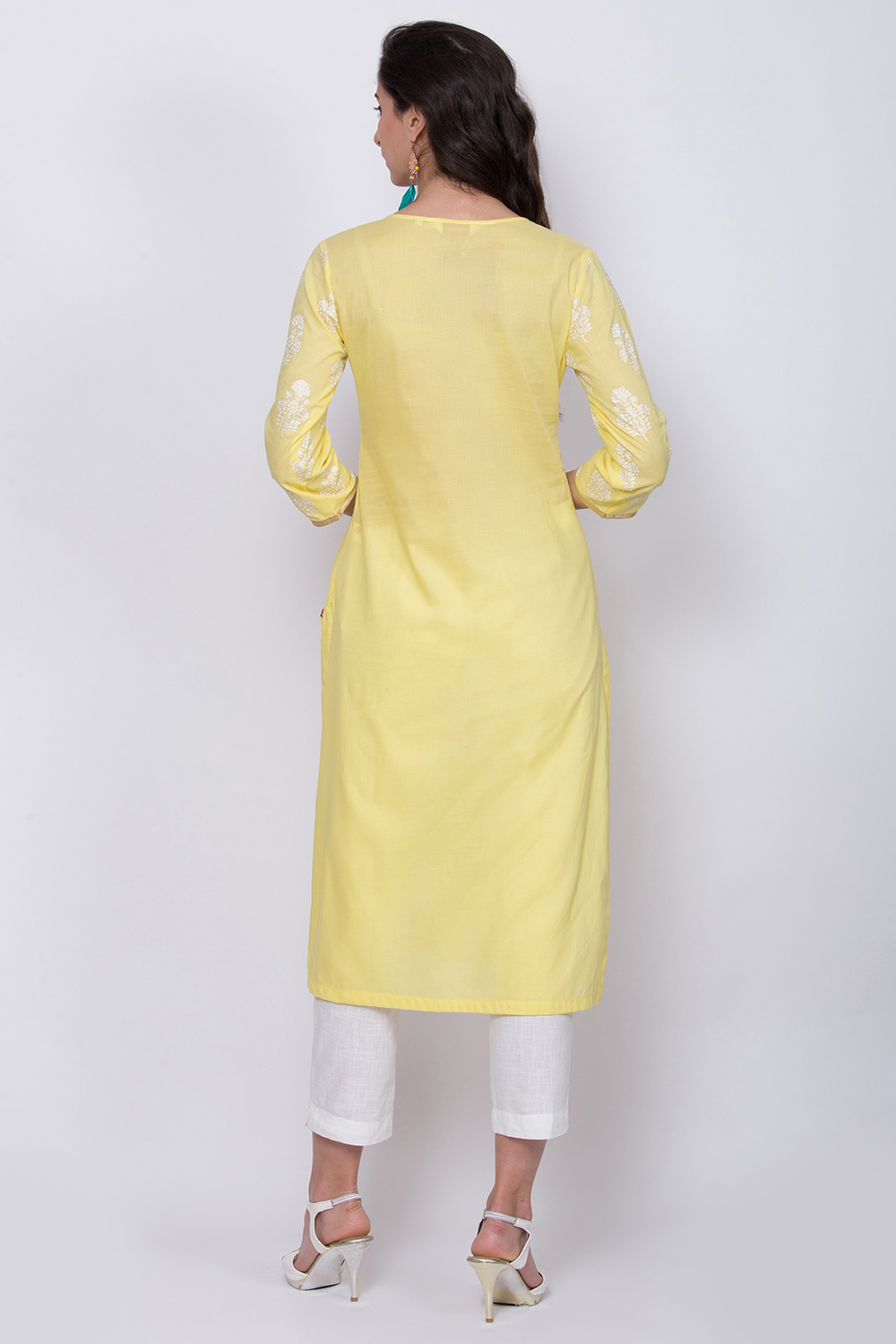 Lime Yellow Cotton Straight Printed Kurta image number 4