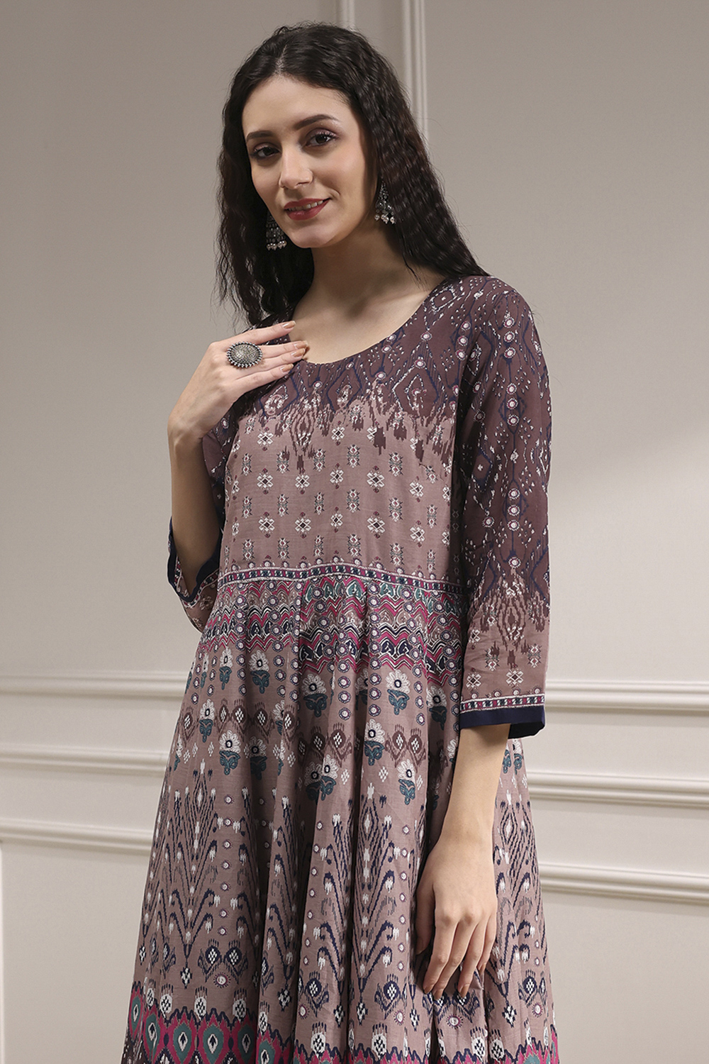 Lilac Cotton Printed Anarkali Suit Set image number 1