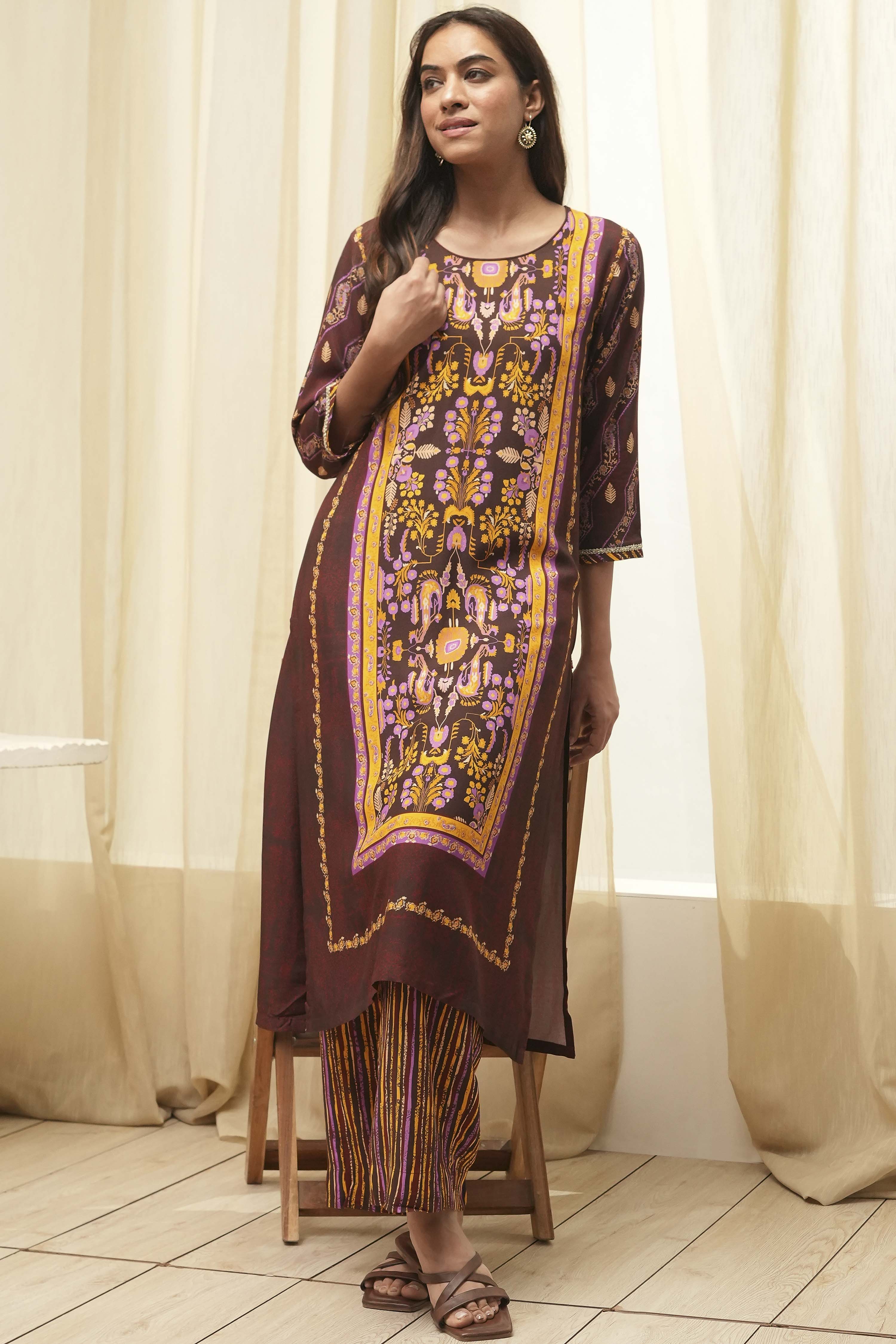 Maroon Cotton Straight Kurta Palazzo Suit Set image number 0