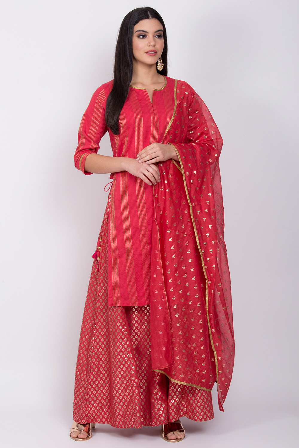 Red Cotton Straight Kurta Sharara Suit Set image number 2