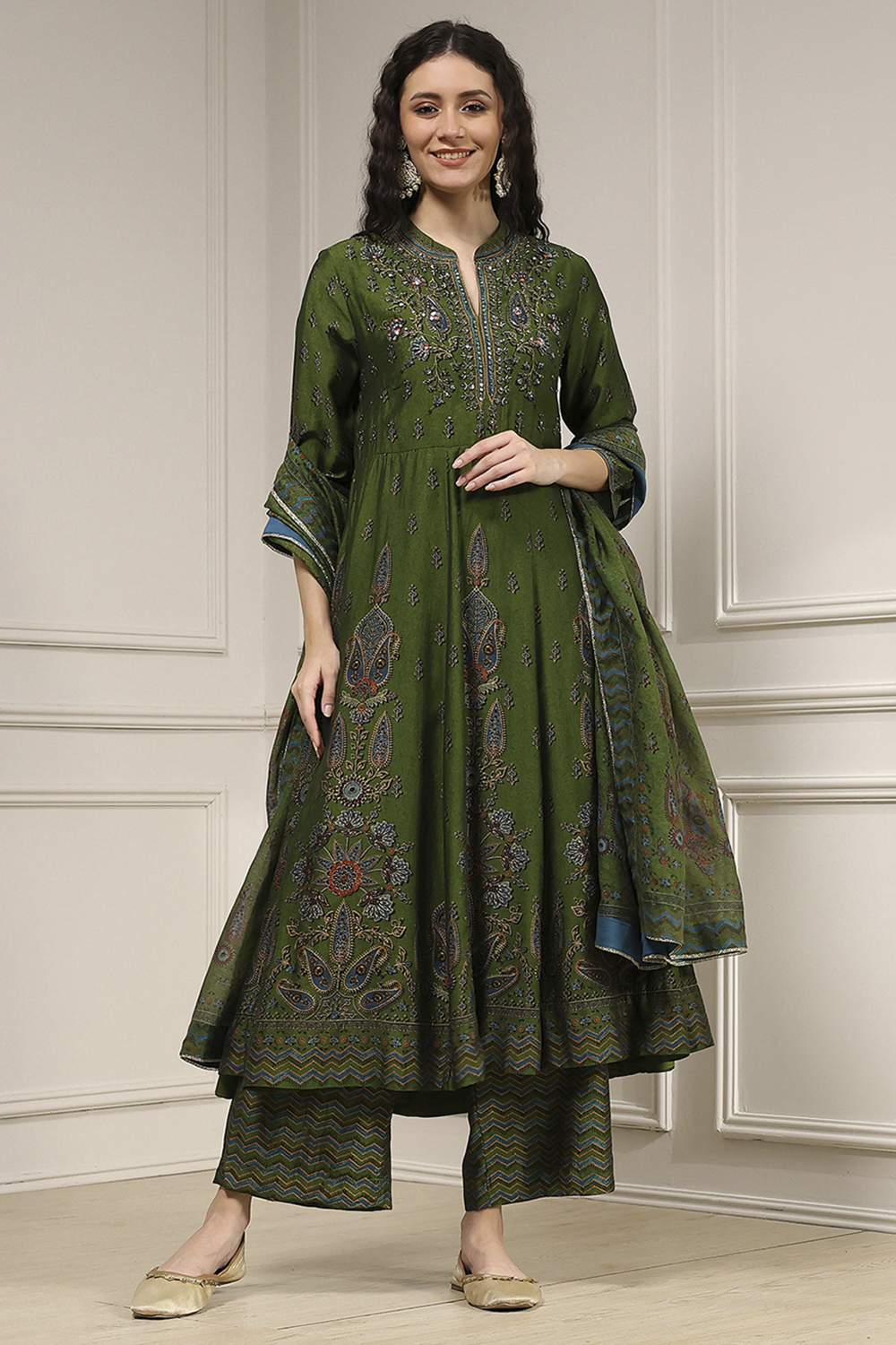 Green Viscose Kalidar Printed Suit Set image number 1