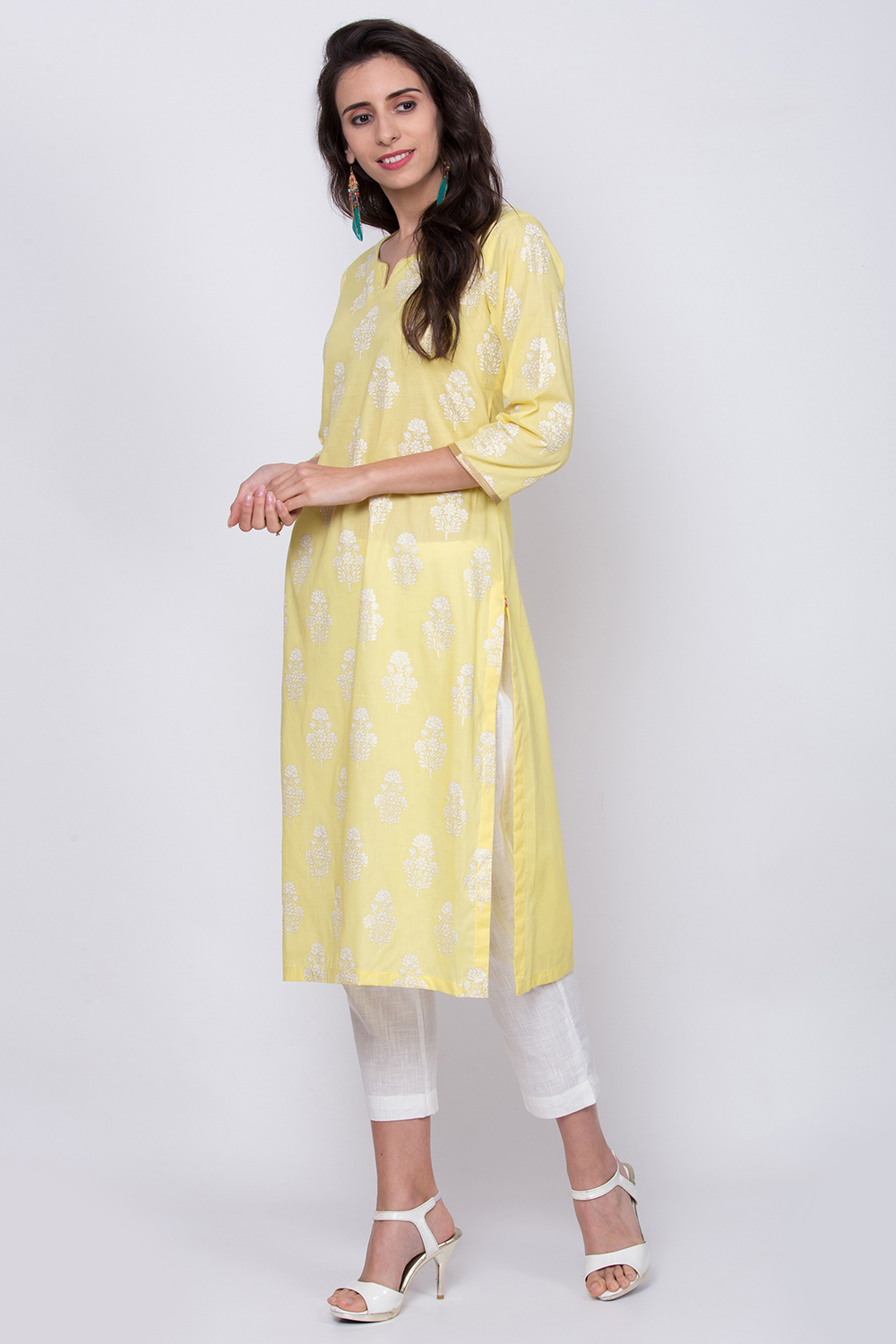 Lime Yellow Cotton Straight Printed Kurta image number 2