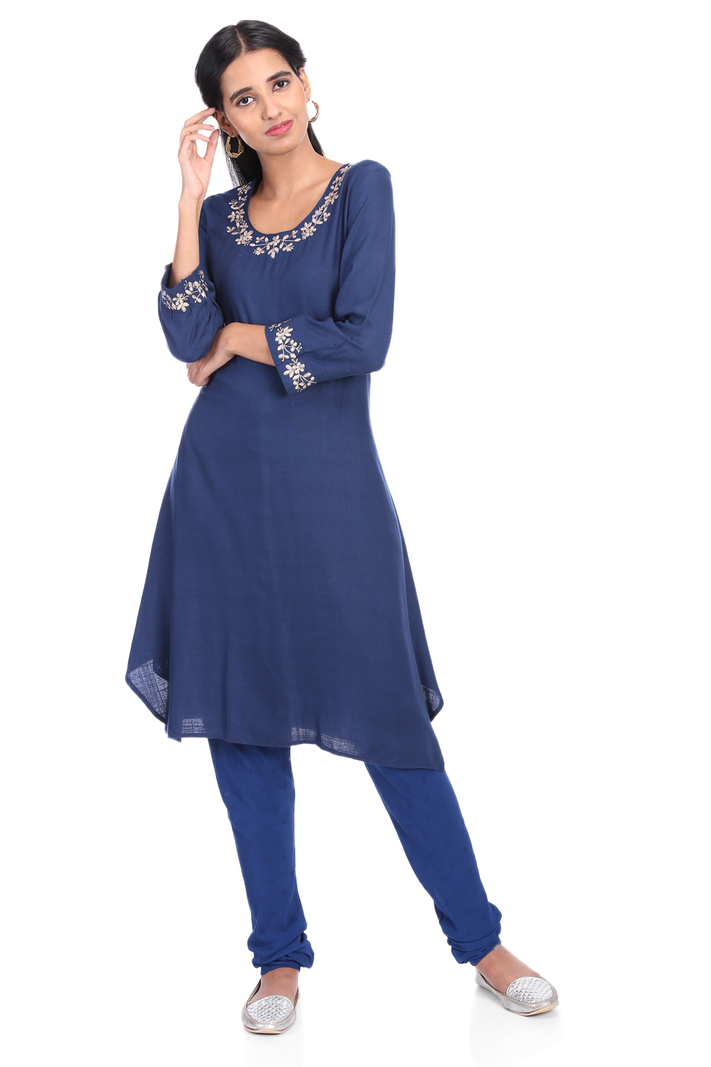 Blue Poly Cotton Asymmetric Printed Kurta image number 4