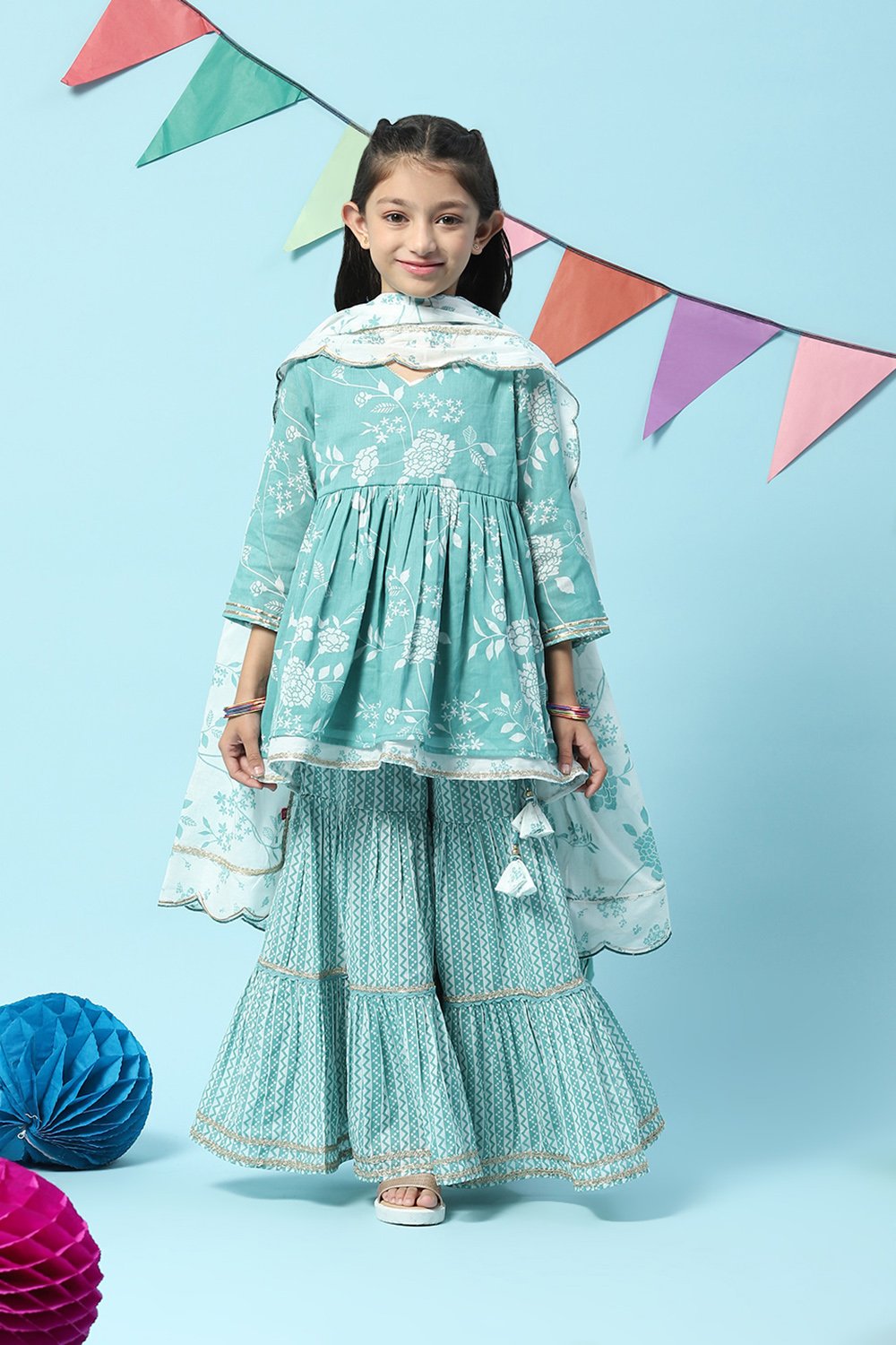 Sea Green Cotton Flared Kurta Garara Suit Set image number 0
