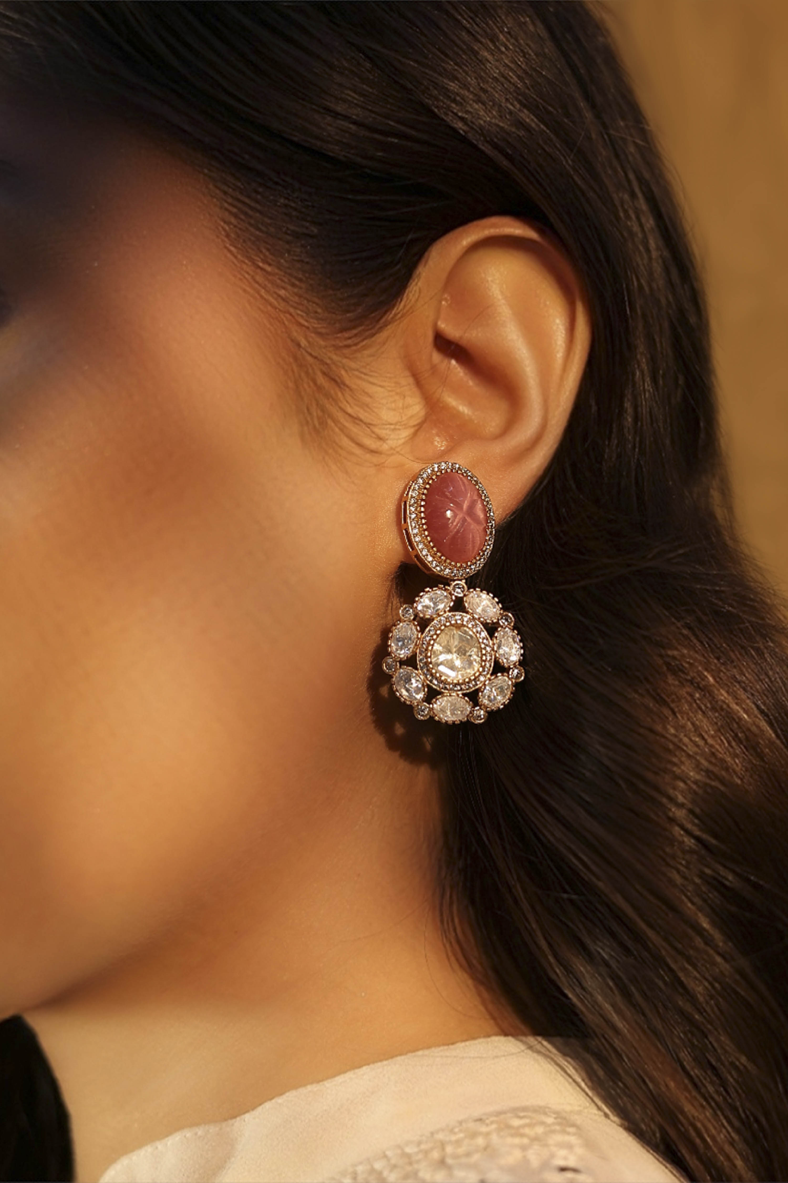 Light Pink Brass Kundan Drop & Danglers image number 1