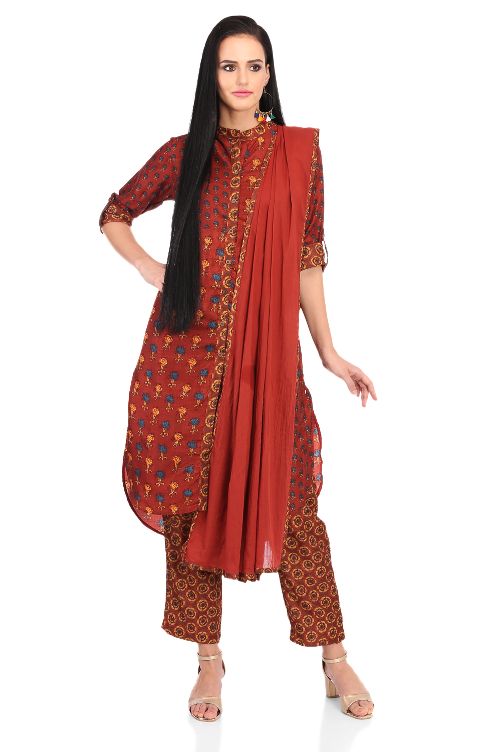 Rust Art Silk Straight Kurta Pant Suit Set image number 4