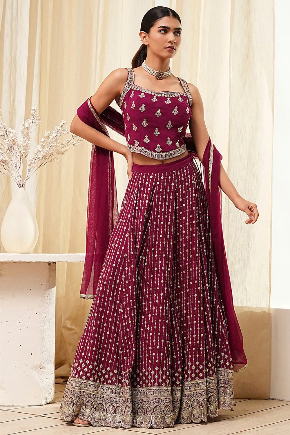 Burgundy Georgette Lehenga Set  image number 5