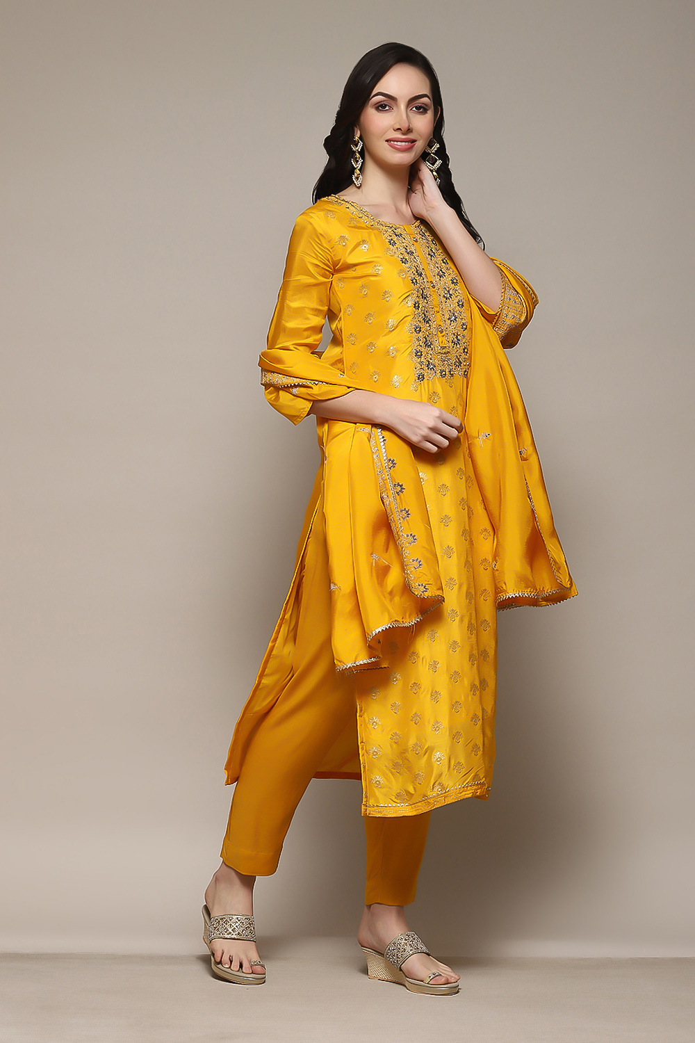 Yellow Banarasi Silk Machine Embroidered Unstitched Suit Set image number 7