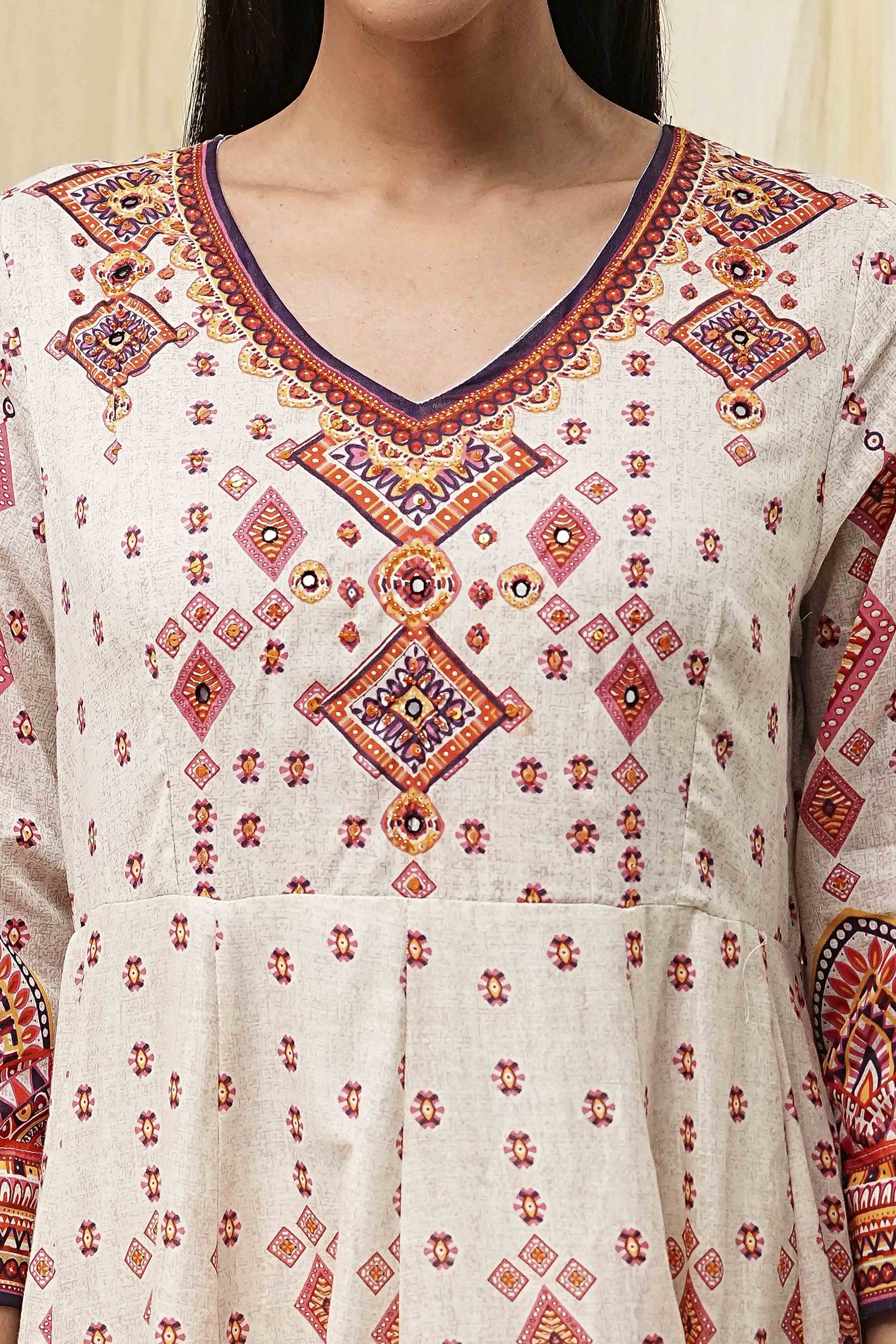 Ecru Cotton Printed Anarkali Suit Set image number 1