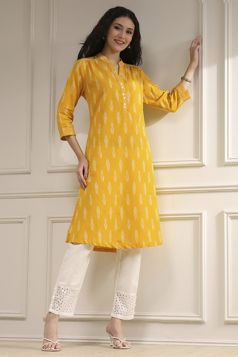 Yellow Cotton Straight Yarndyed Kurta image number 0