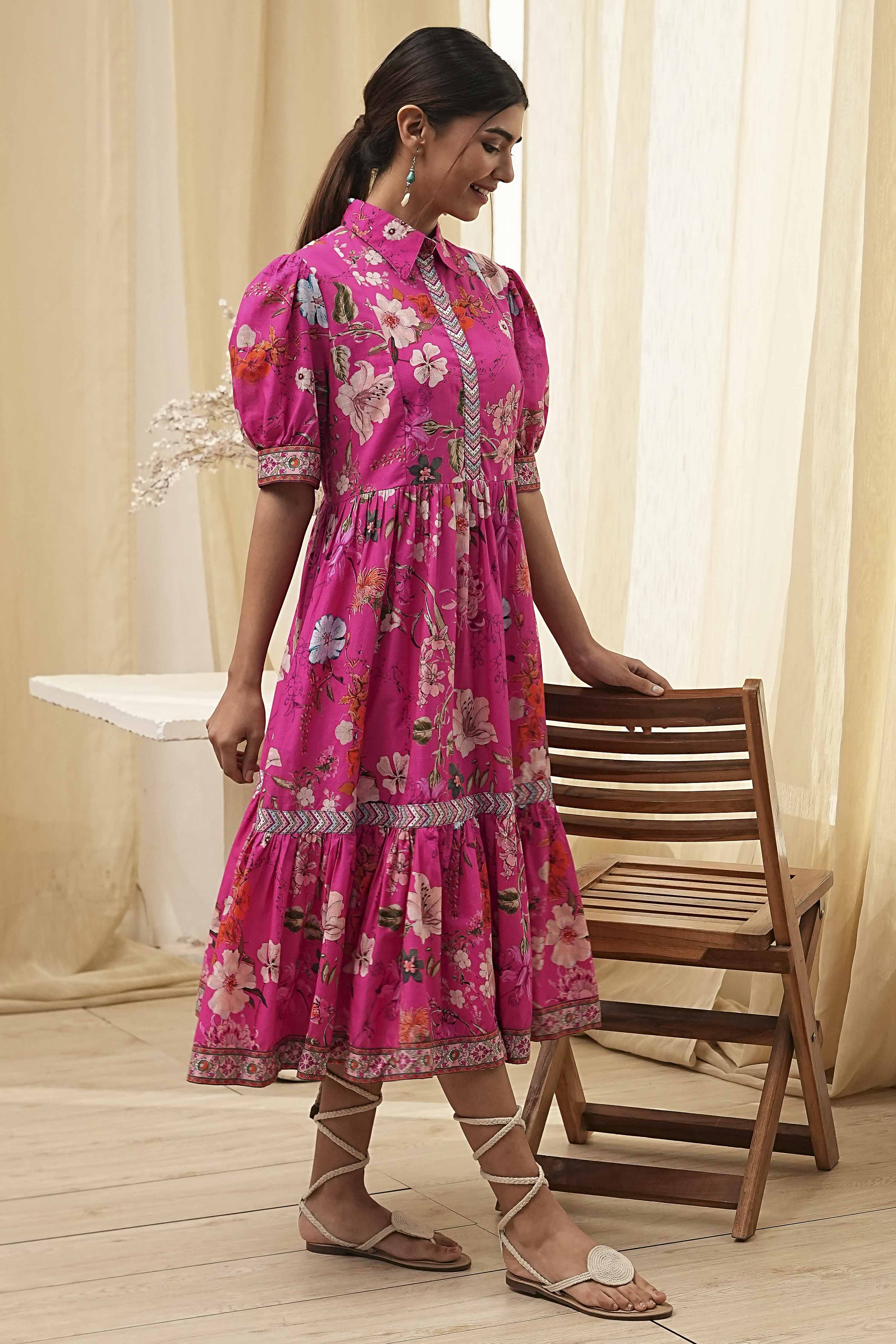 Pink Cotton Floral Printed Tiered Dress image number 0