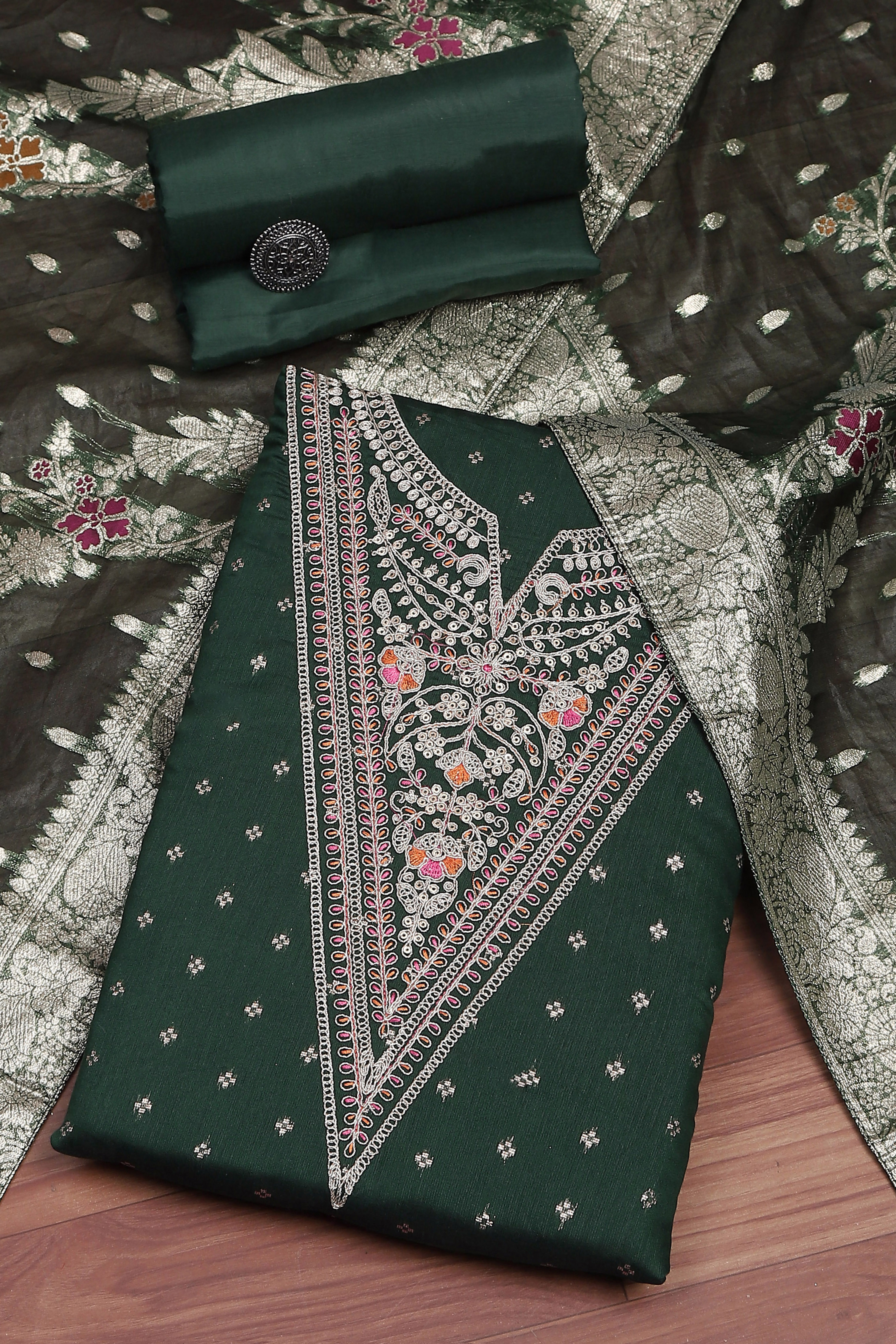 Botle Green Tissue Chanderi Embroidered Unstitched Suit Set image number 0