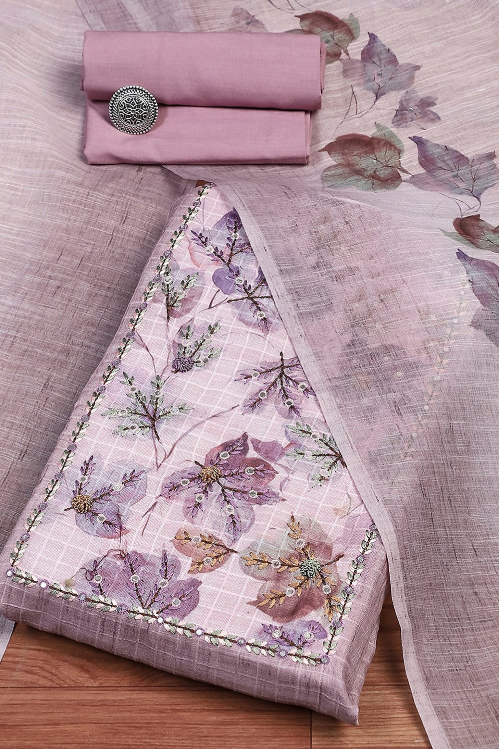 Lavender Linen Blend Hand Embroidered Unstitched Suit Set image number 0