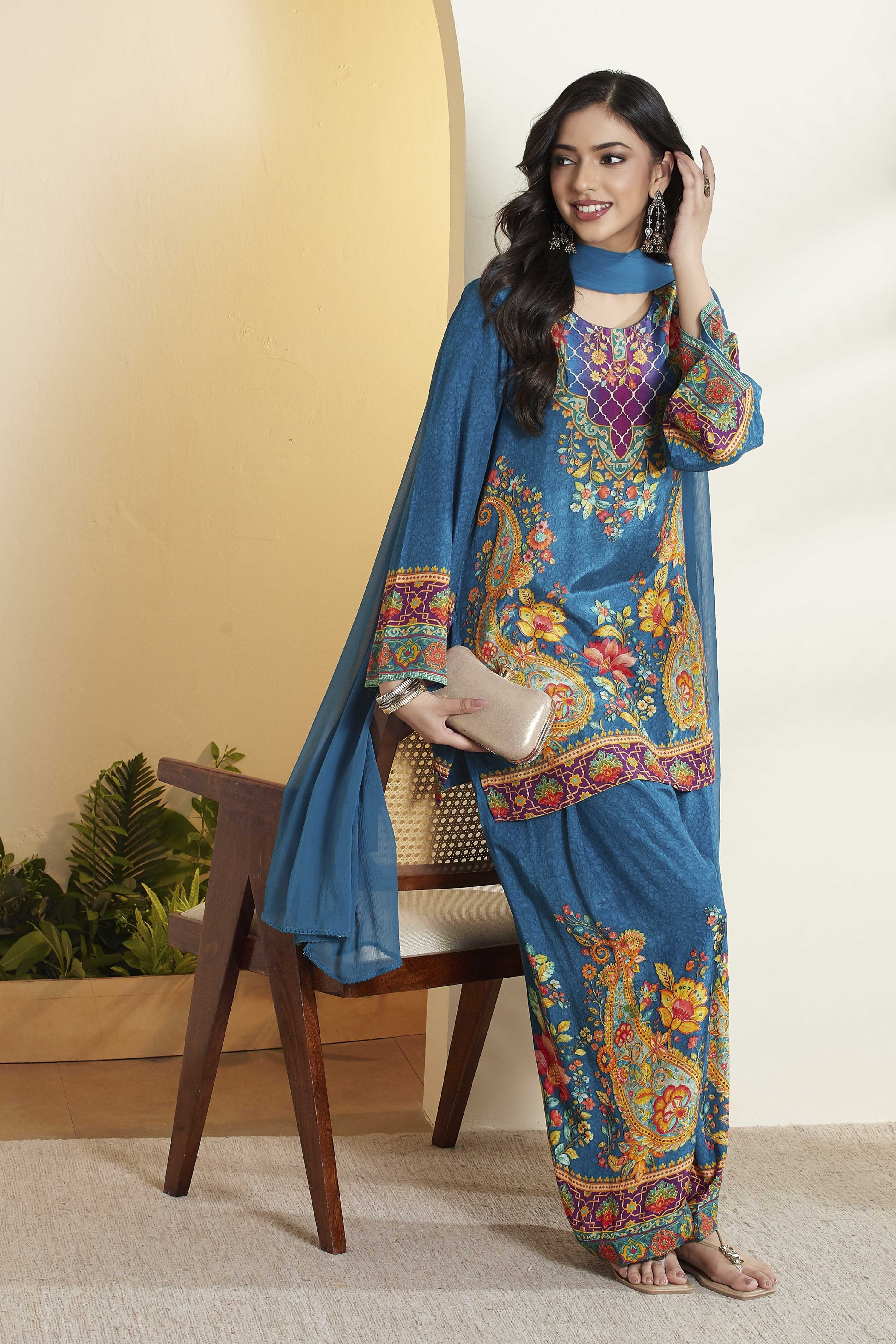 Blue Viscose Rayon Printed Straight Kurta Set image number 0