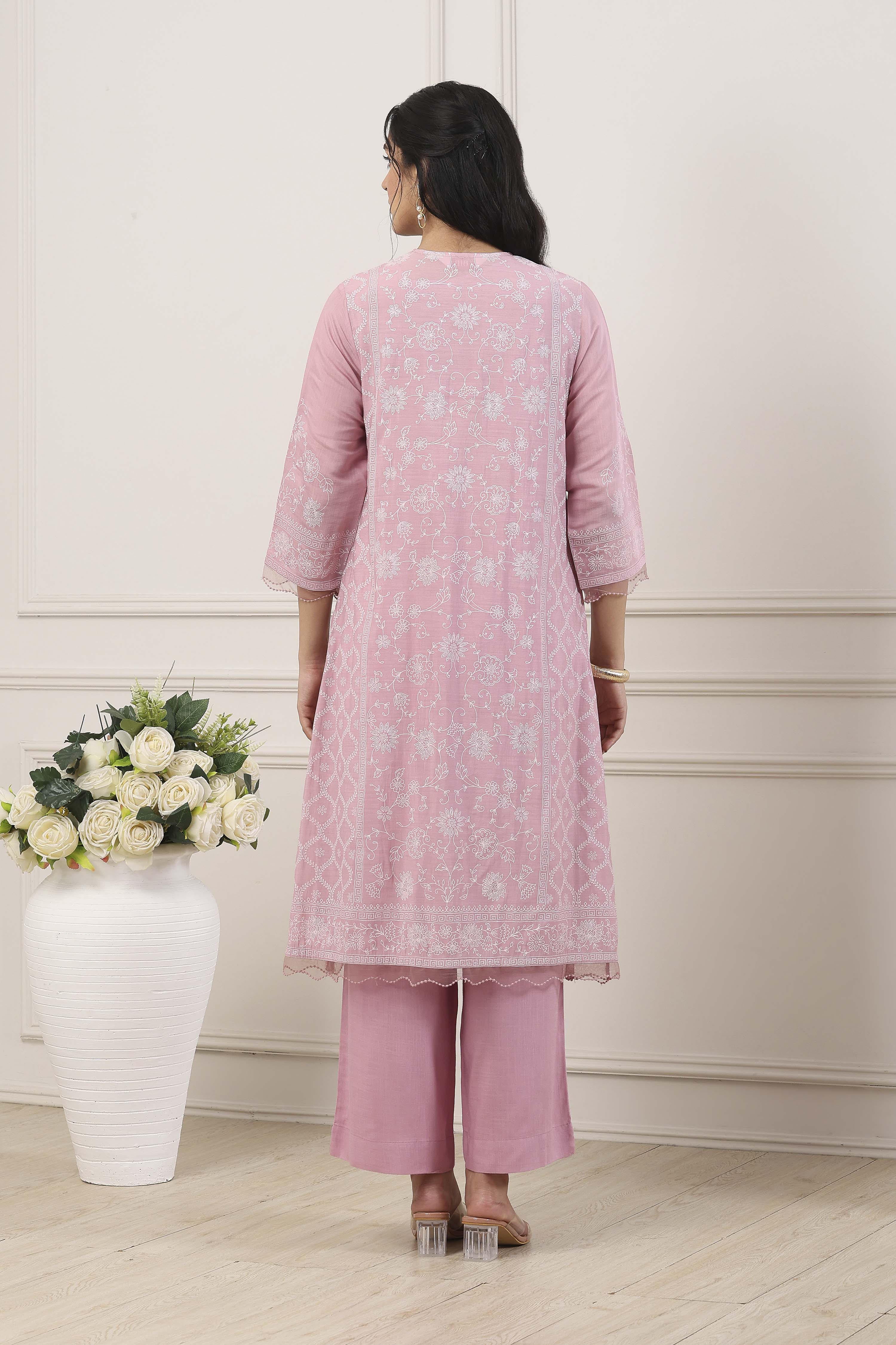Pink Chanderi Lace Trim Floral Straight Suit Set image number 4