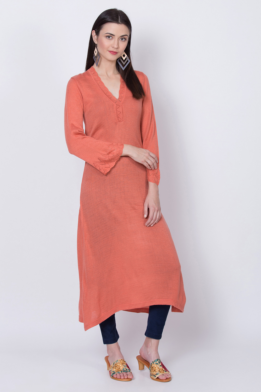 Buy Peach Straight Woolen Solid Kurta for N A0.0 Biba India