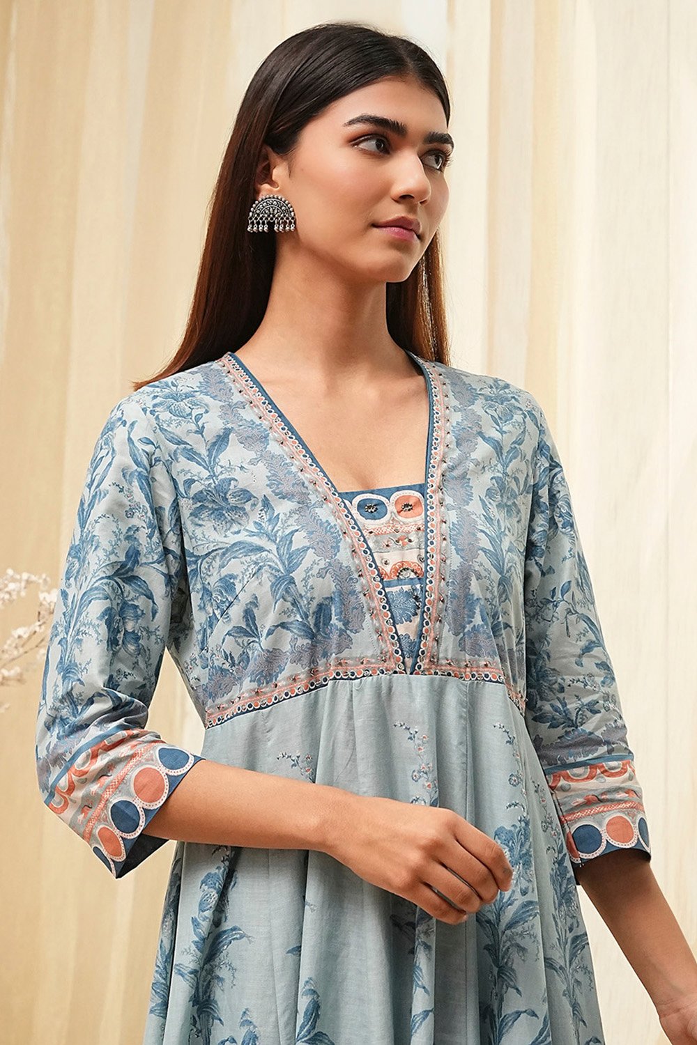 Dull Blue Cotton Floral Anarkali Suit Set image number 1