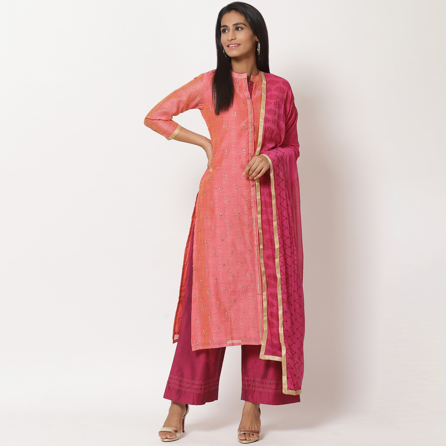 Rani Pink Embroidered Easy Stitch Suit Set image number 0